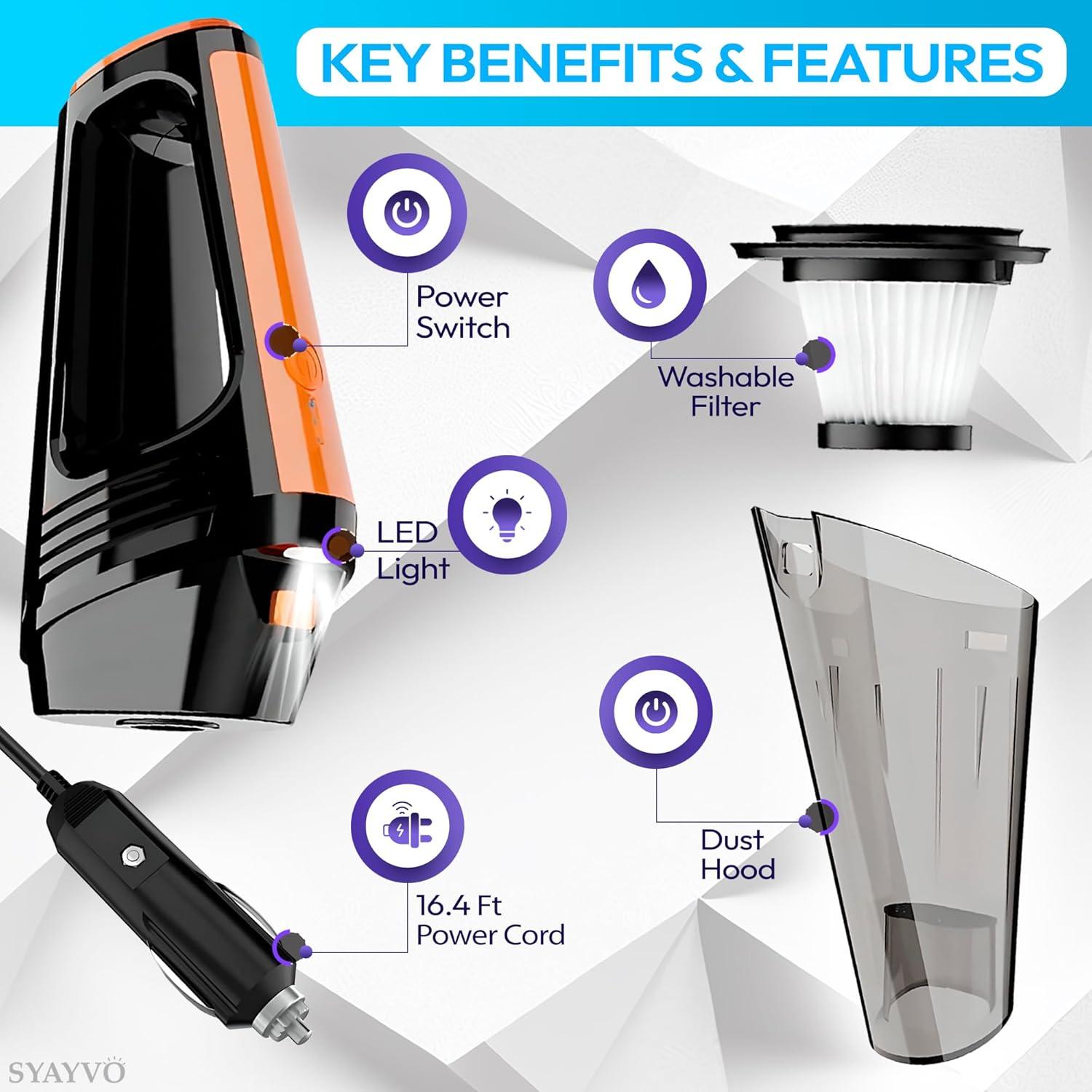 Aspiradora Portátil SYAYVO VC003B 8000PA 100W con Luz LED