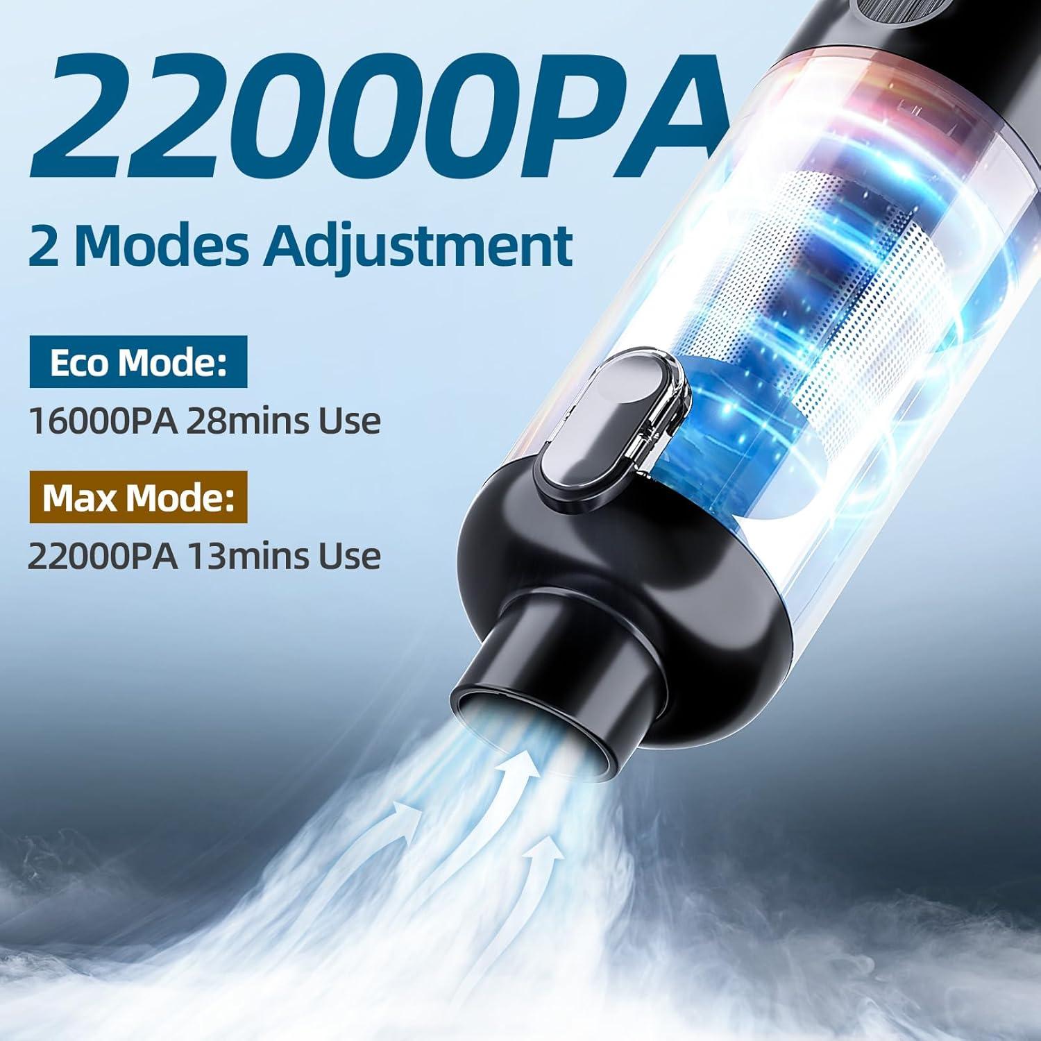 22000Pa Car Vacuum Cleaner, Low Noise Hand Vacuum Cordless Rechargeable, 2 Modes Vacuum for Car Handheld Car Vacuum Portable Cordless with Cleaning Gel