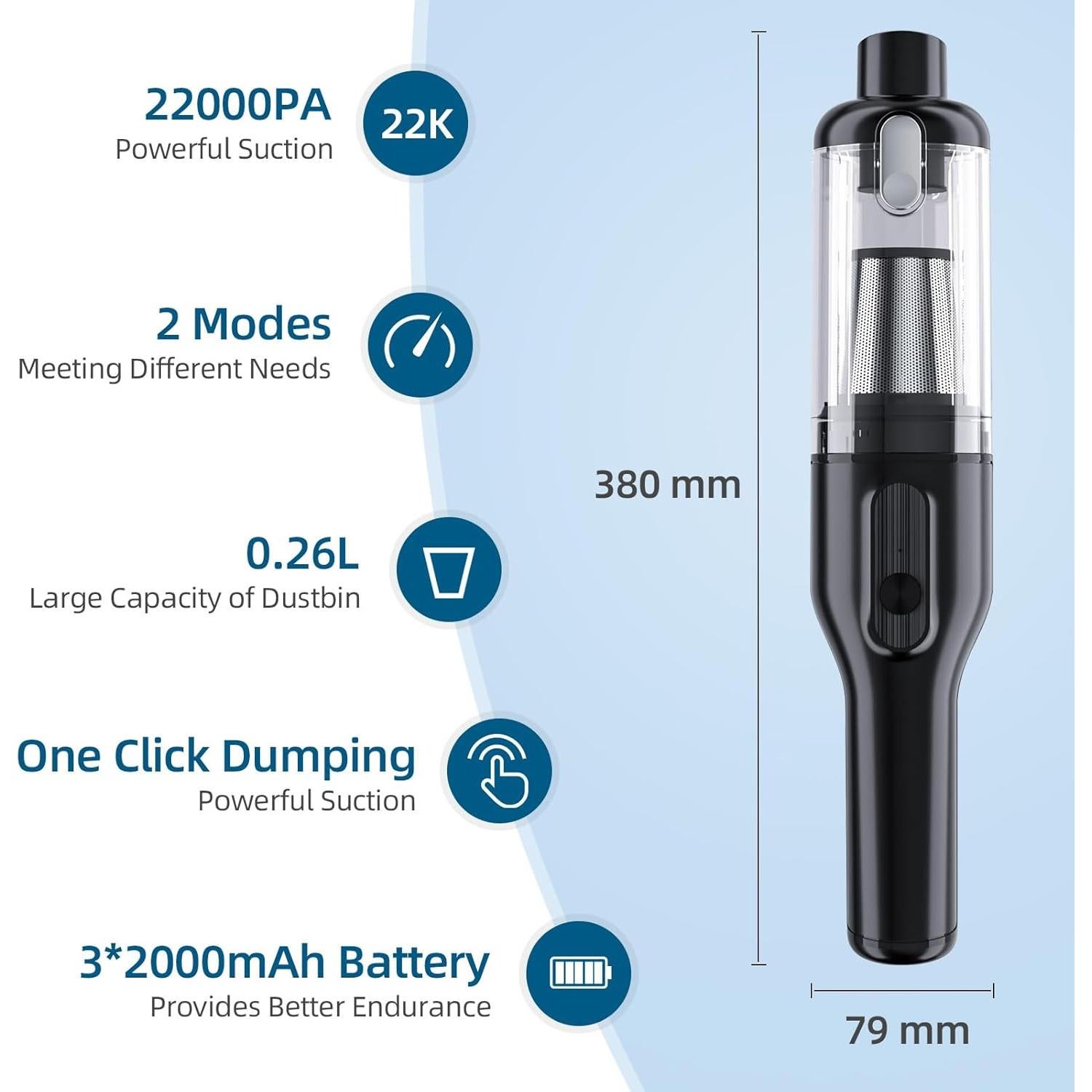 22000Pa Car Vacuum Cleaner, Low Noise Hand Vacuum Cordless Rechargeable, 2 Modes Vacuum for Car Handheld Car Vacuum Portable Cordless with Cleaning Gel