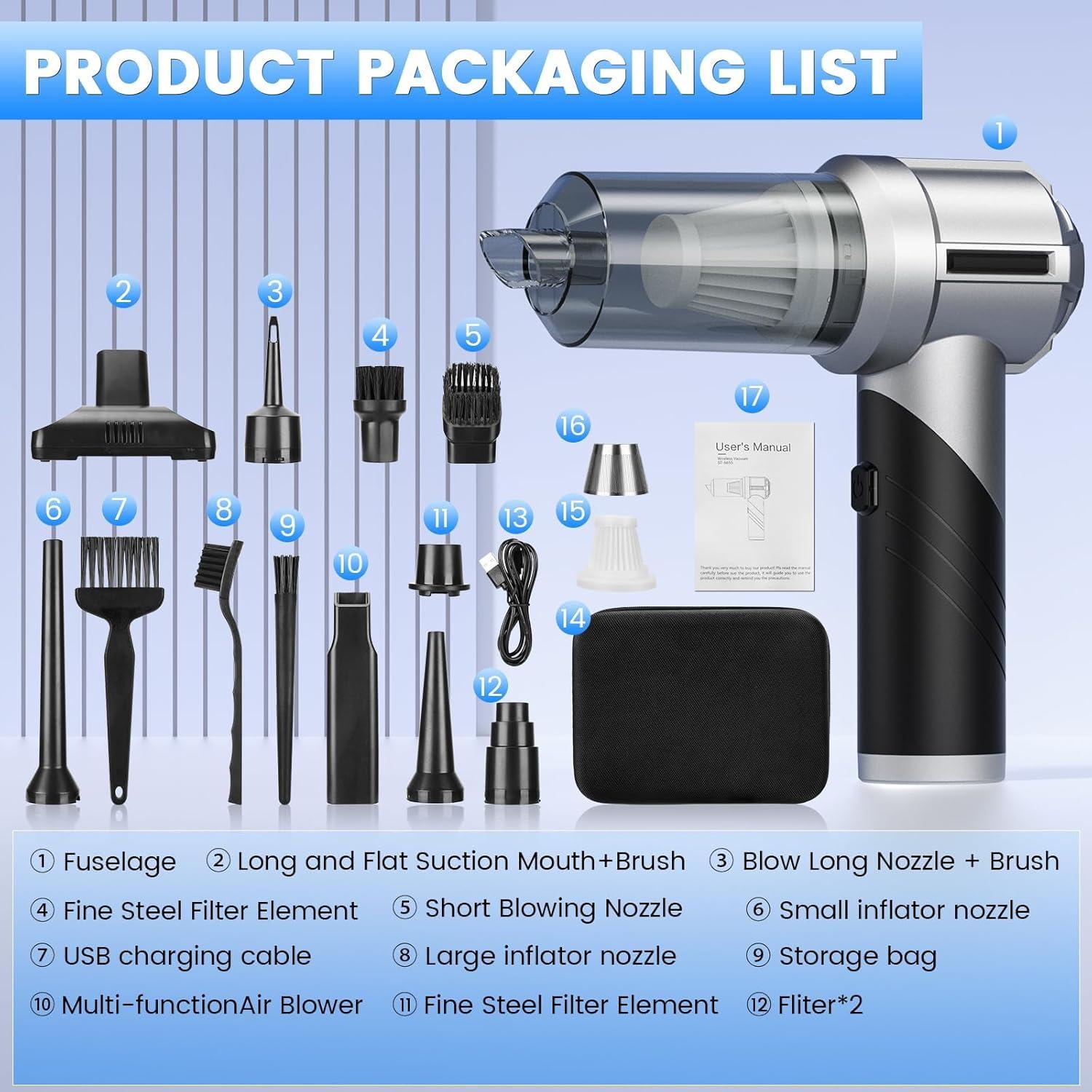 Aspiradora de Coche Portátil CHUMPOSH 18000PA Sin Cable 4 en 1