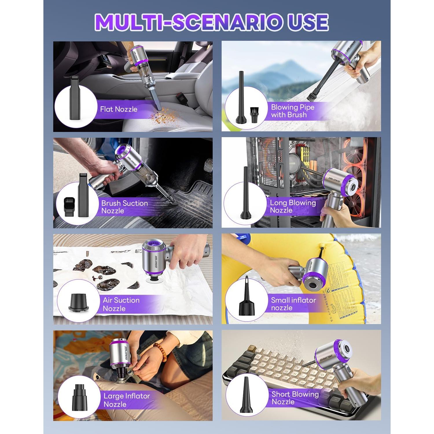 Aspiradora de Coche Portátil Milunho 15000PA Sin Cable 4-en-1