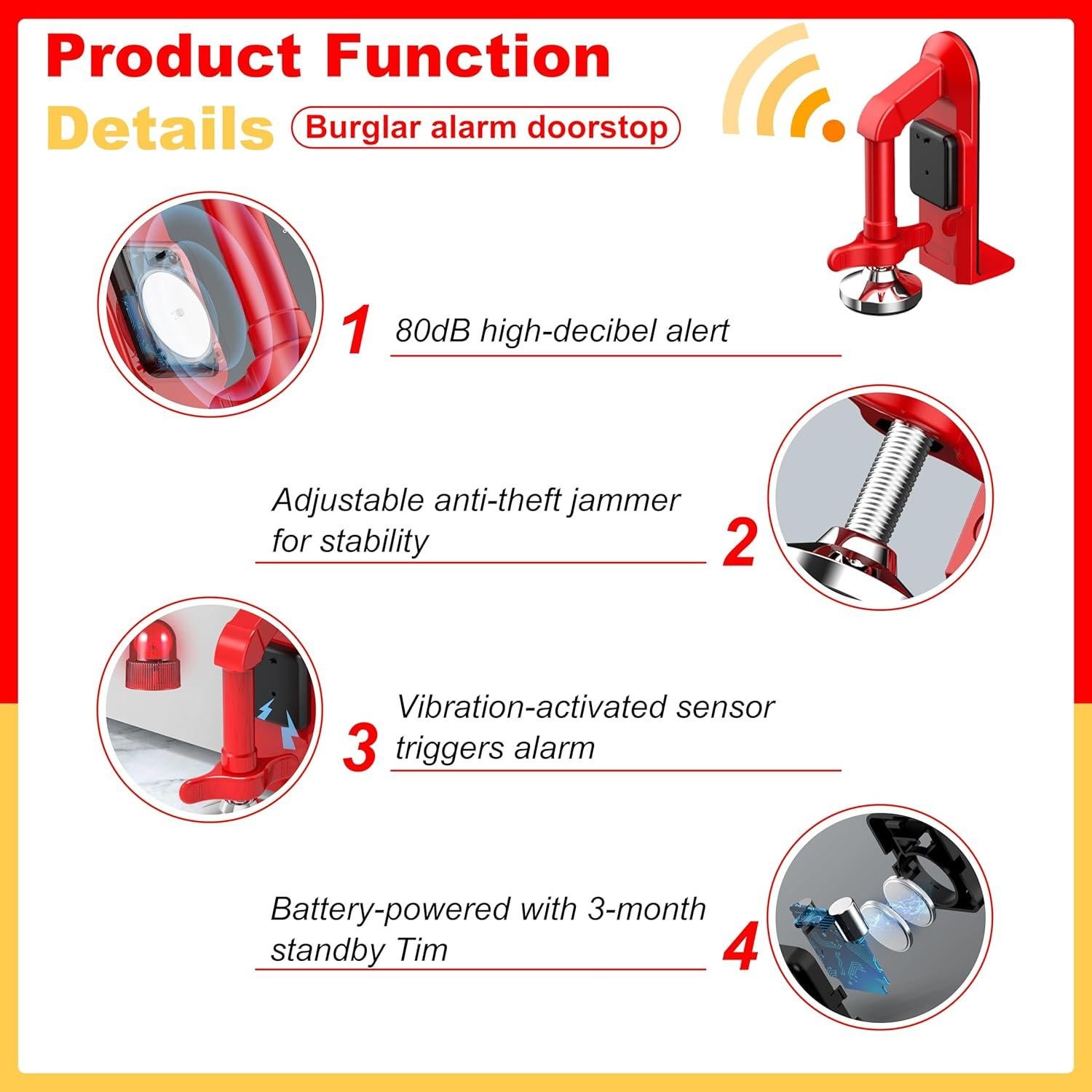 Tope de puerta con alarma Piosarafiem 80dB ajustable rojo