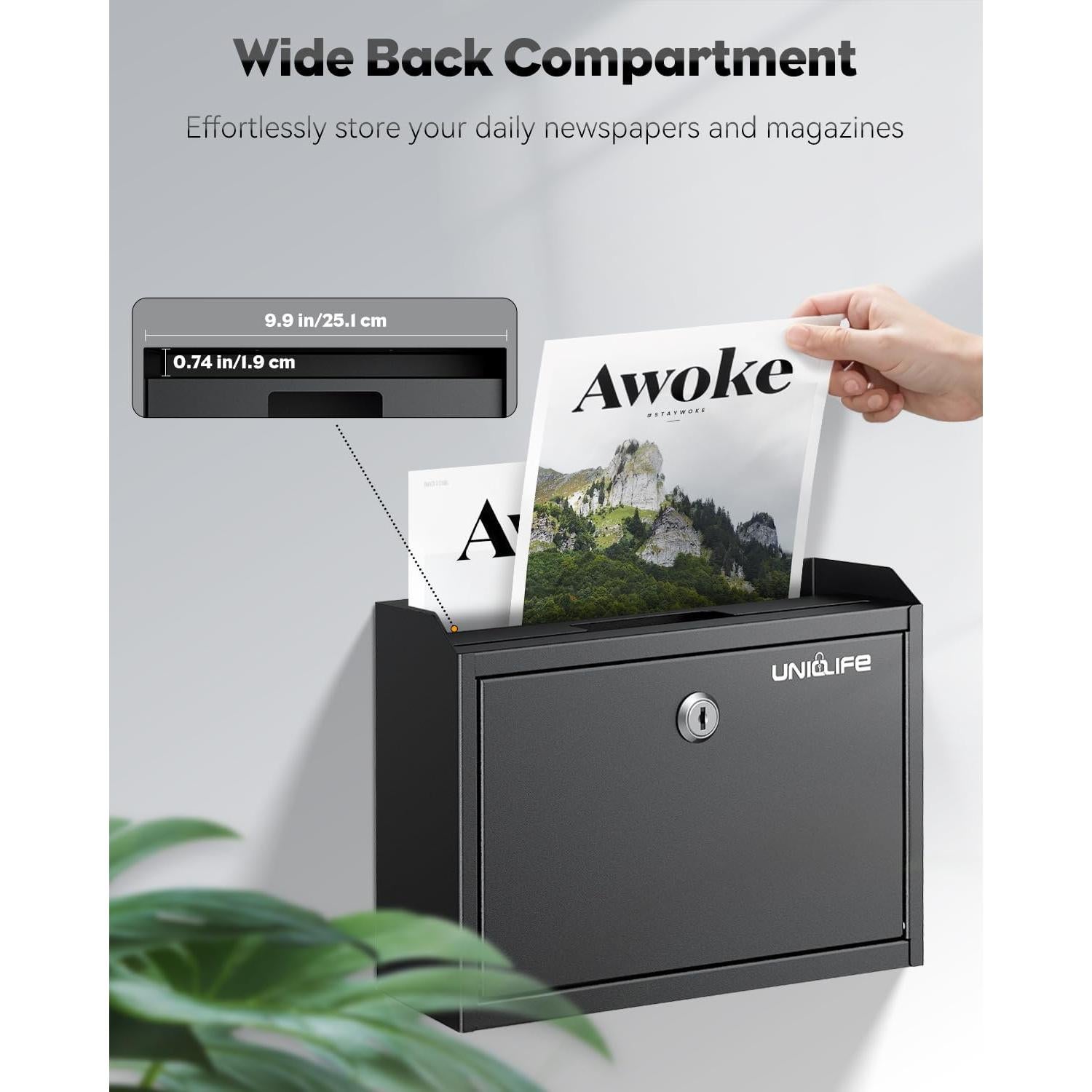 Buzón de Pared Uniclife BG3573-BK con Cerradura y Ranuras