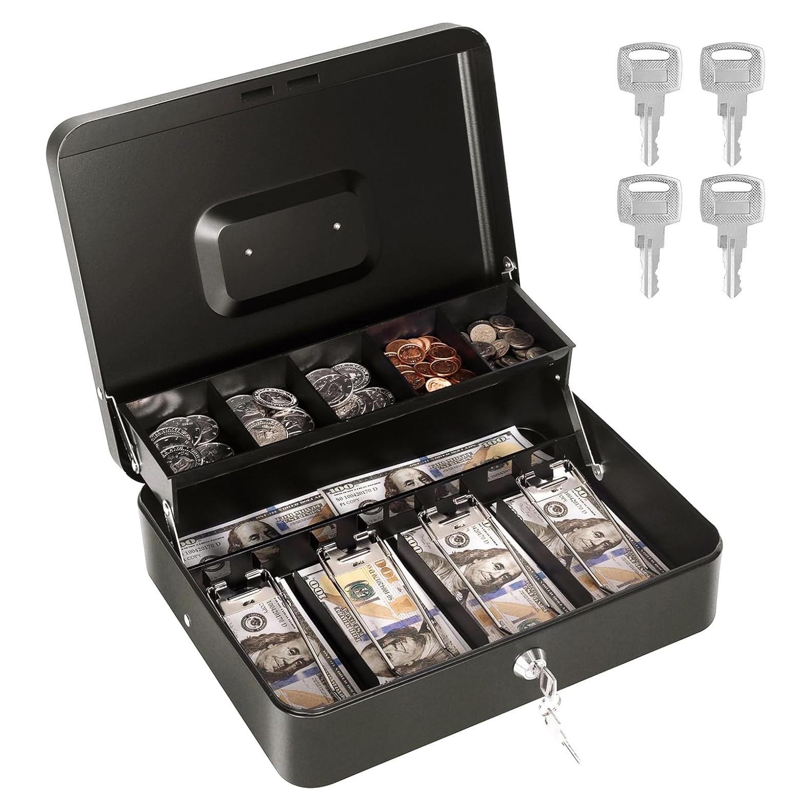 Caja de Efectivo Goehiaul Metal Negra 30x24x9 cm con 4 Llaves