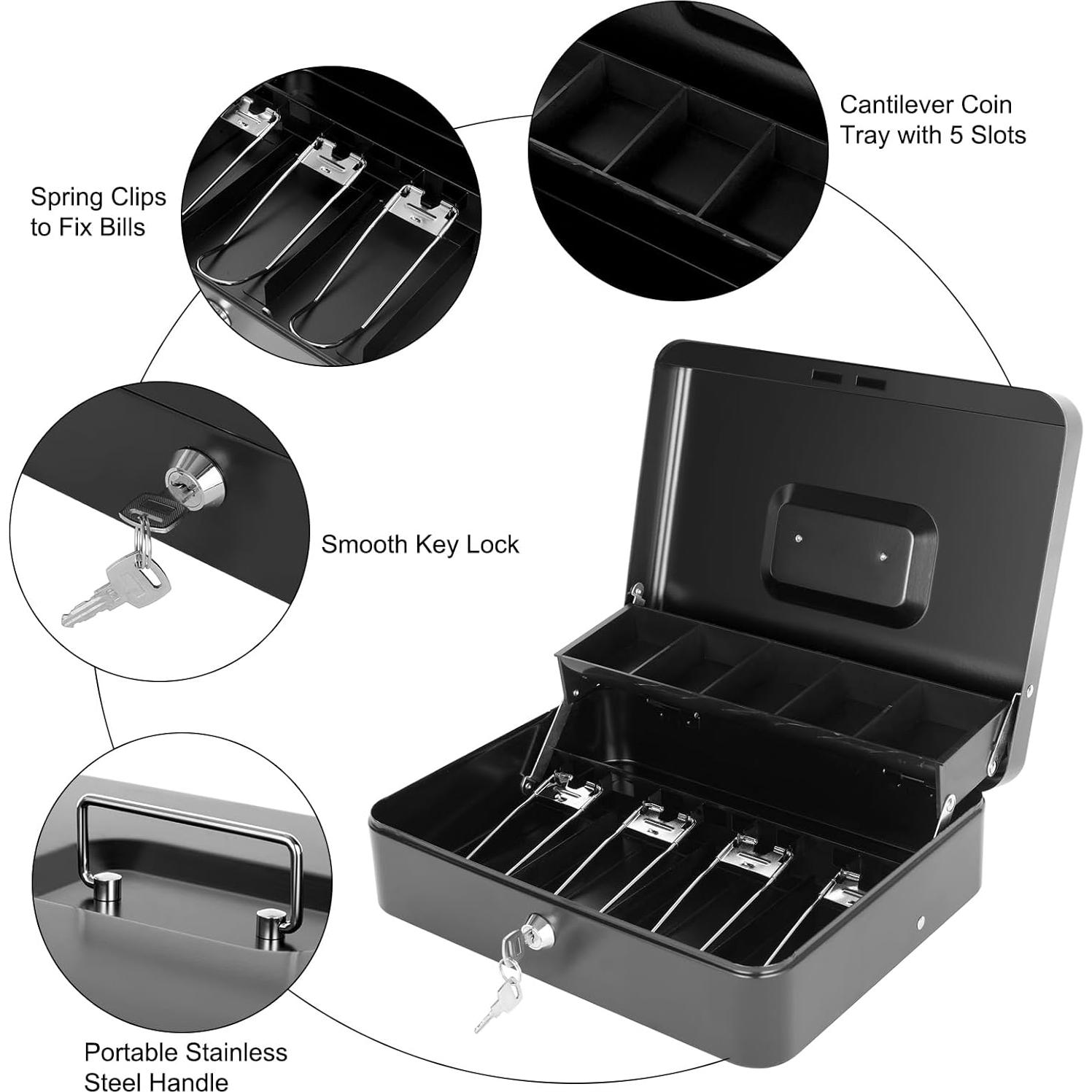 Caja de Efectivo Goehiaul Metal Negra 30x24x9 cm con 4 Llaves