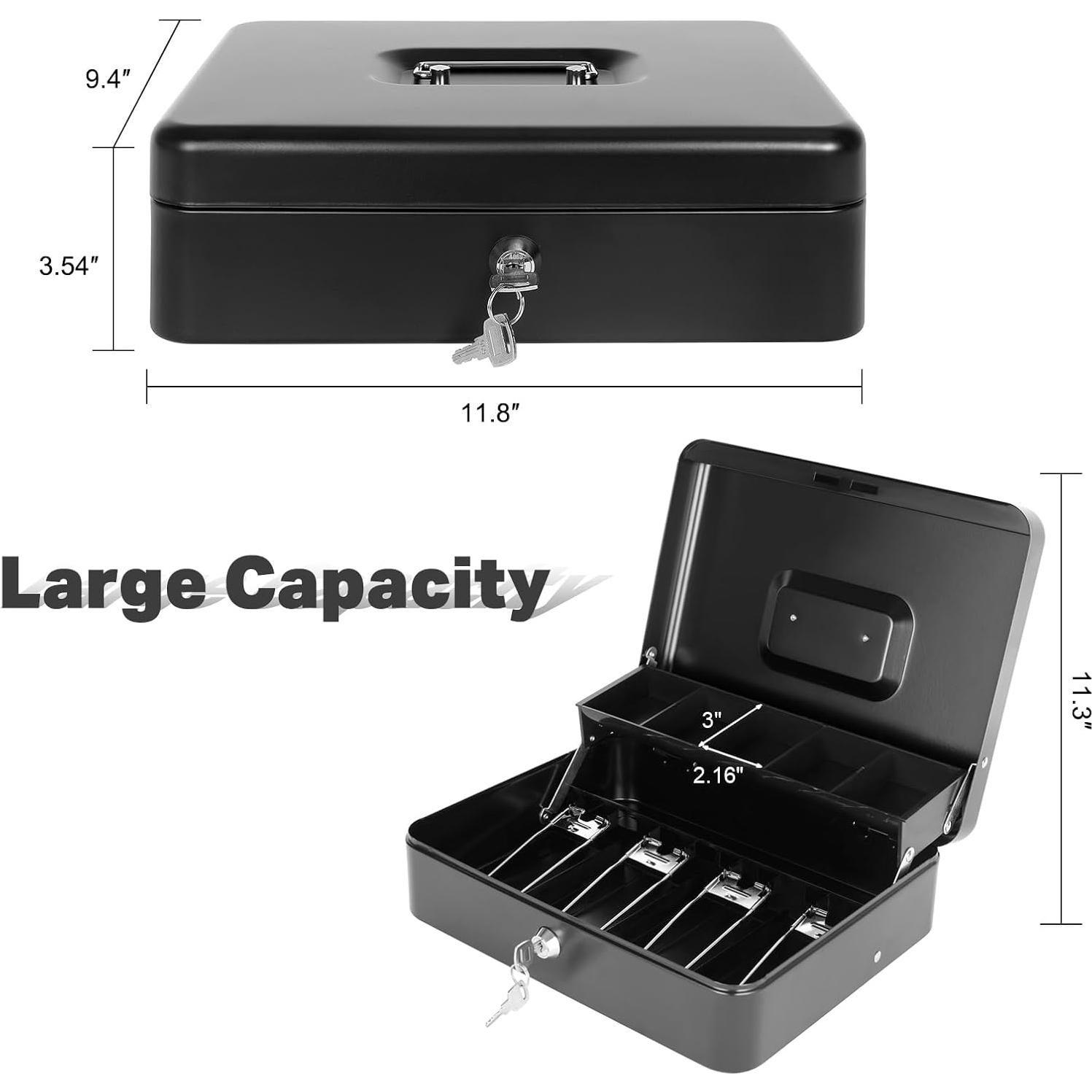 Caja de Efectivo Goehiaul Metal Negra 30x24x9 cm con 4 Llaves