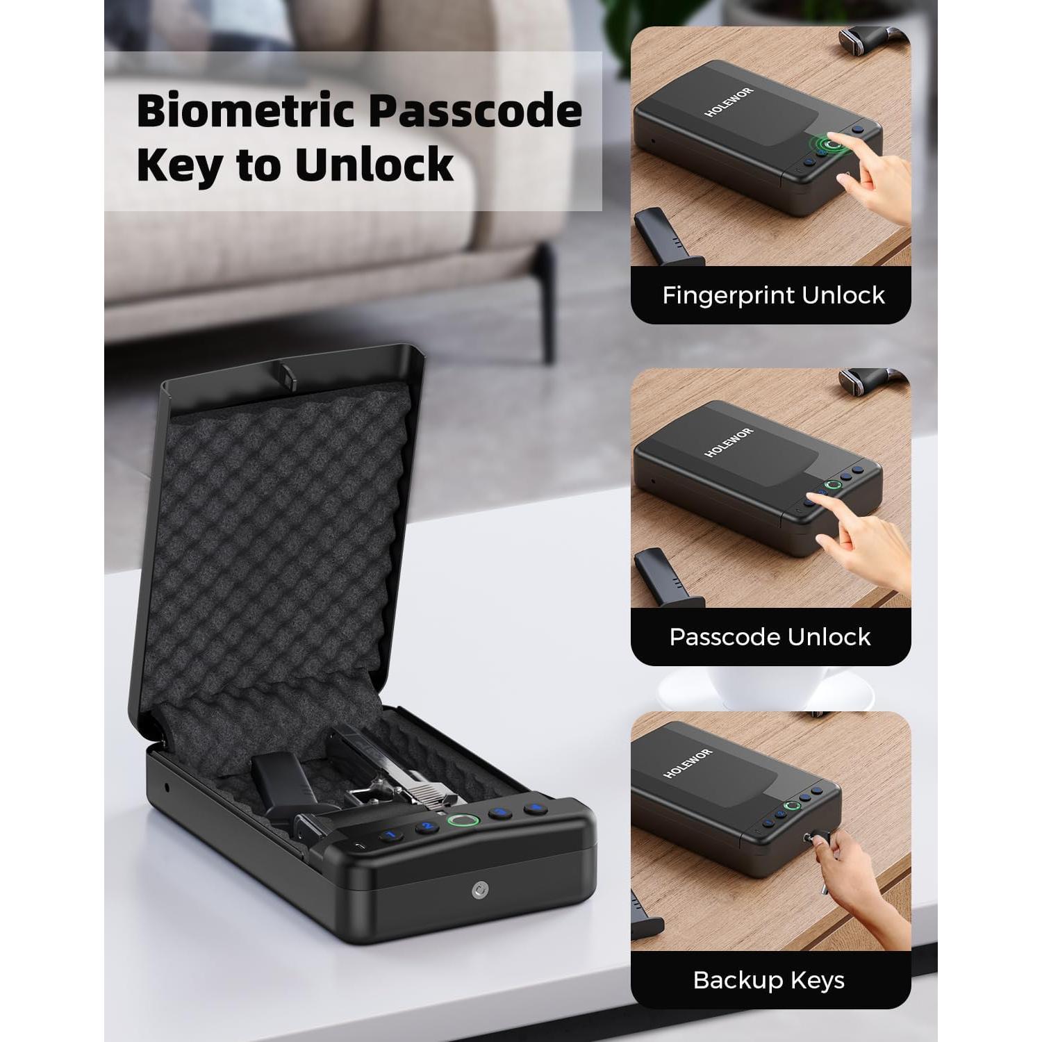 Caja Fuerte Biométrica HOLEWOR para Pistolas Pequeñas 29x18cm