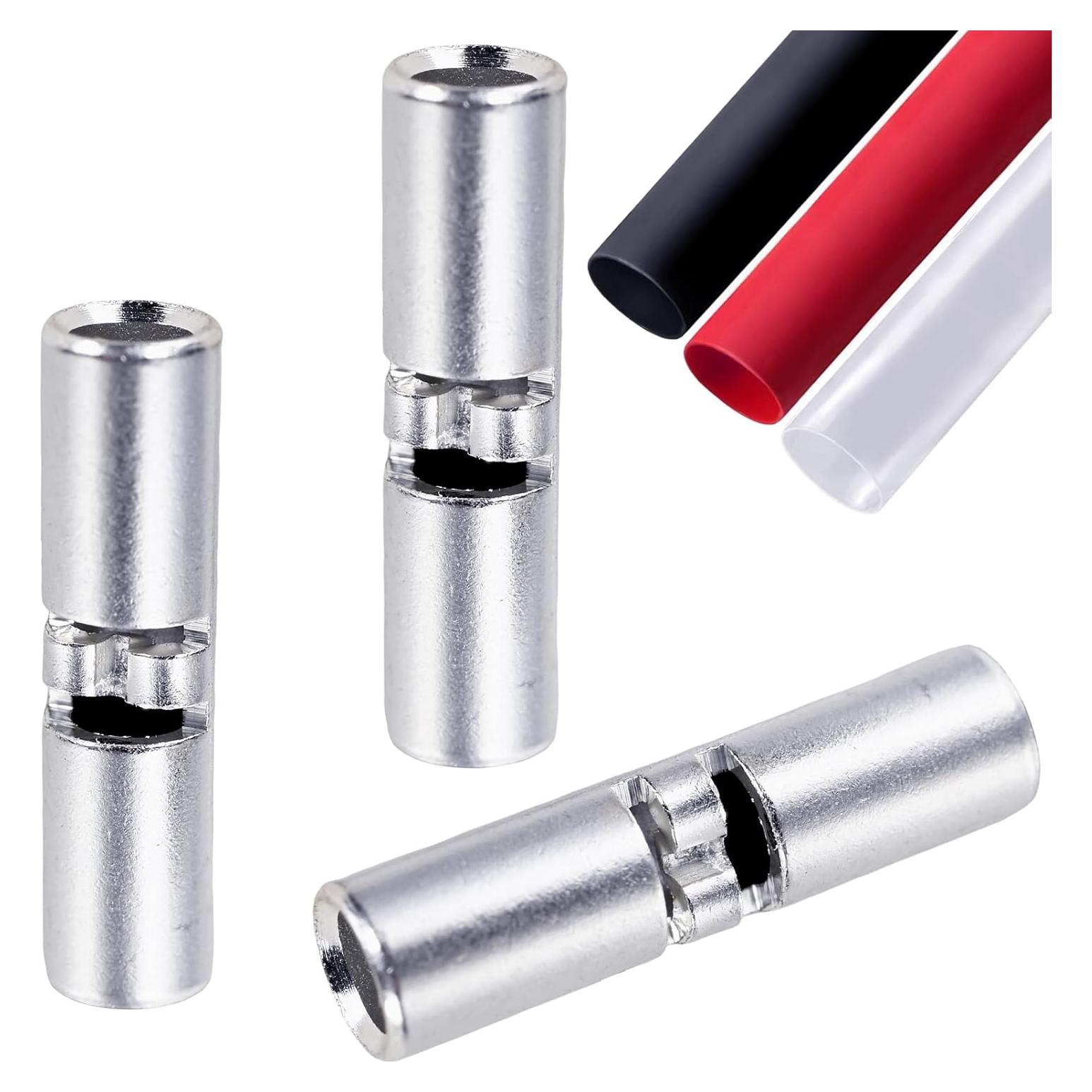 20-16 Gauge Non-Insulated Butt Connectors Kit 100PCS 20-16 AWG Uninsulated Inspection Window Butt Splice Connectors,Tinned Copper Marine Grade Butt Splice Terminals with 100 PCS 3:1 Heat Shrinks