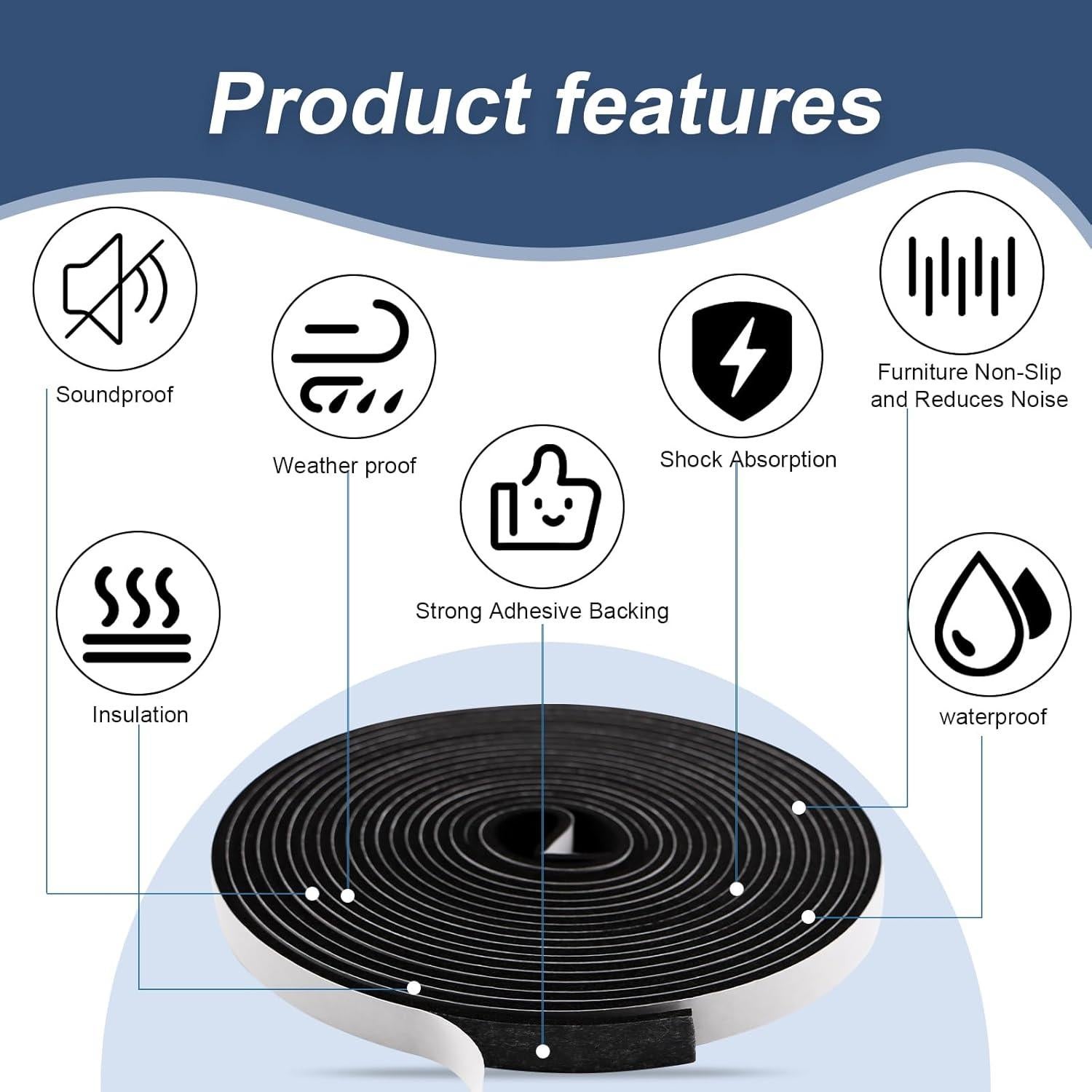 Cinta de Espuma Sello Puerta Ventana Qoqooice 1.27cm x 0.32cm 15m