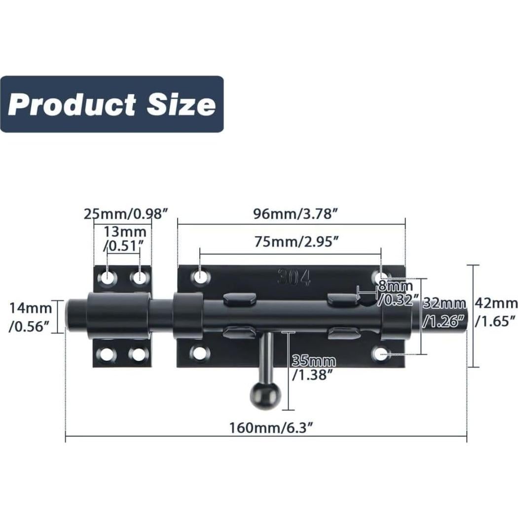 Pestillo Deslizante Alise de Acero Inoxidable 160mm Negro