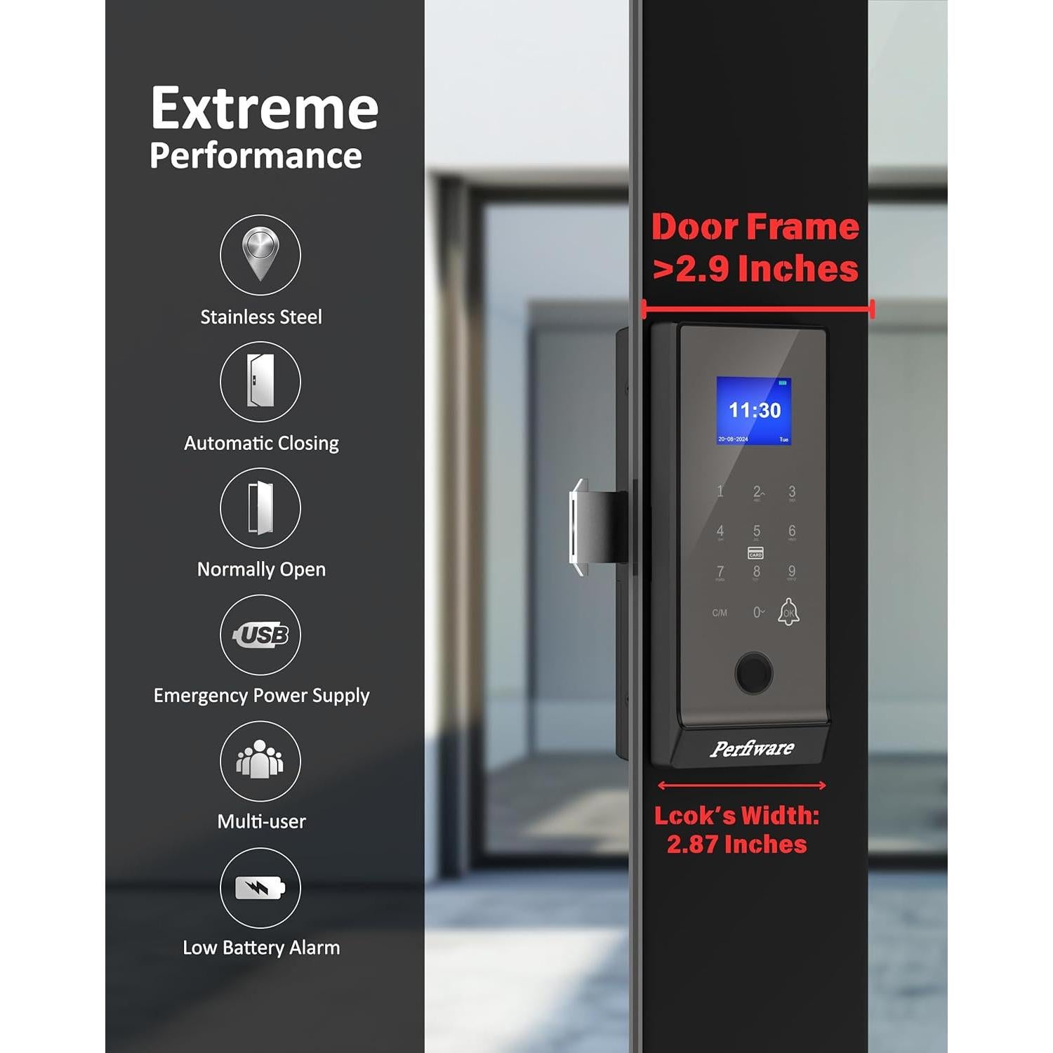 Cerradura Inteligente Biométrica Perfiware LG2375 para Puertas de Vidrio