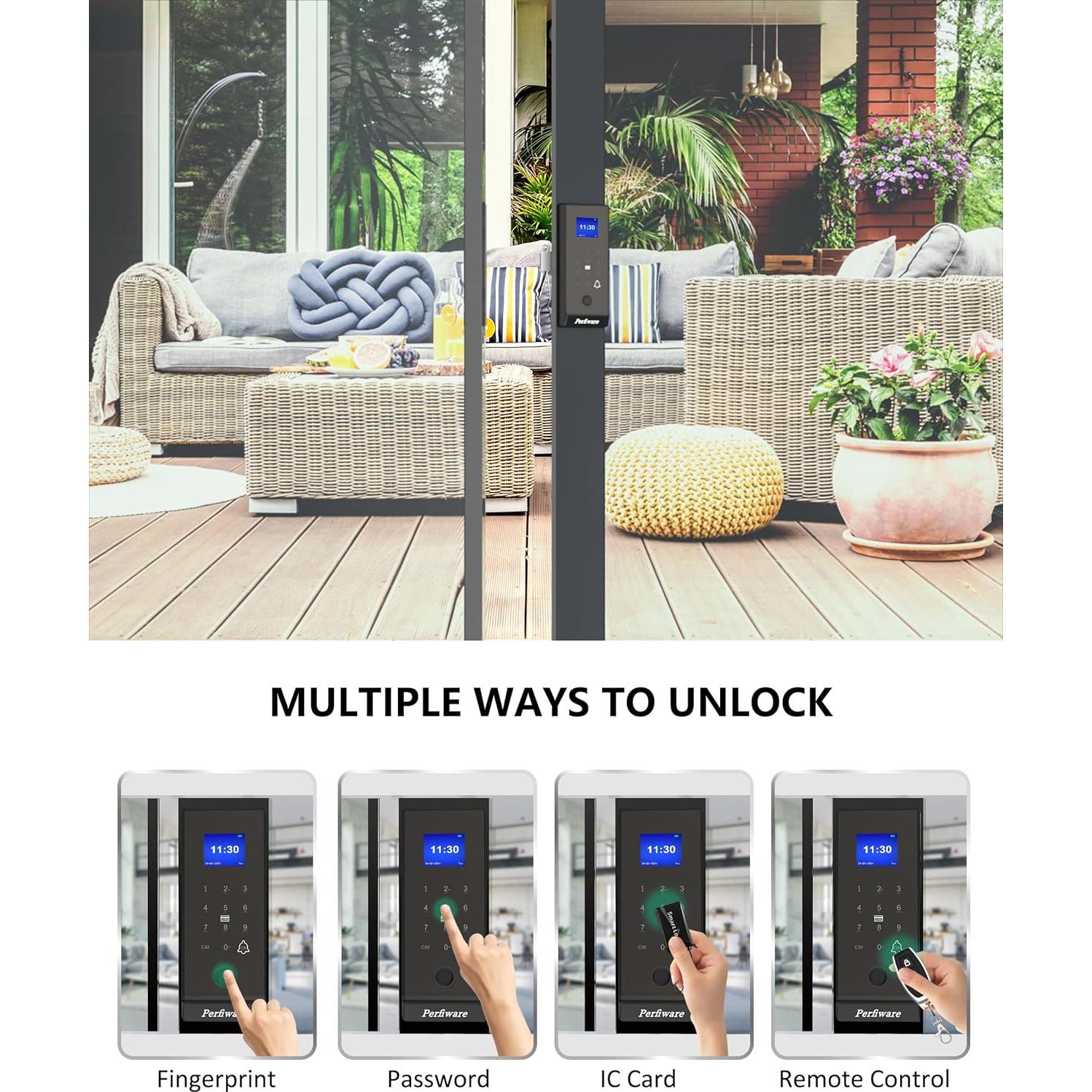 Cerradura Inteligente Biométrica Perfiware LG2375 para Puertas de Vidrio