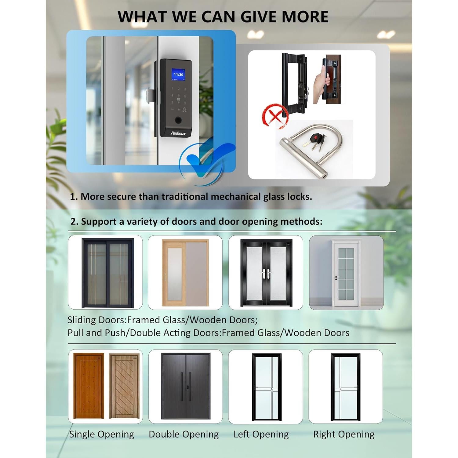 Cerradura Inteligente Biométrica Perfiware LG2375 para Puertas de Vidrio