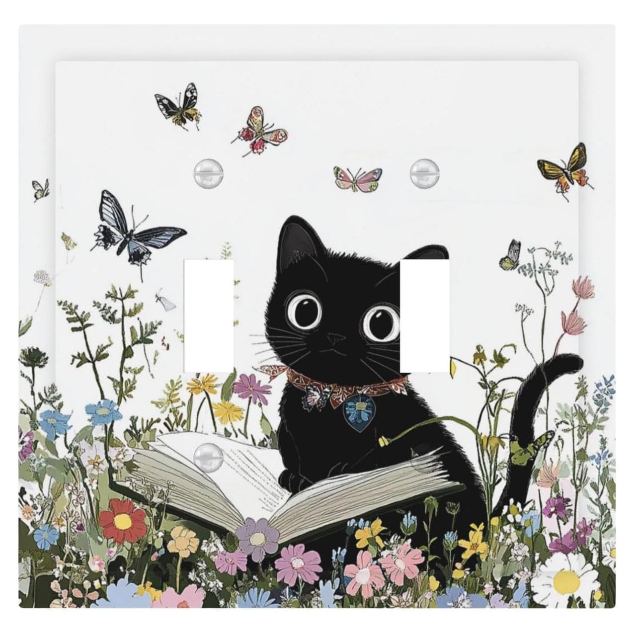 Decorative Switch Plates Cute Cat Wildflowers Boho Flowers Floral 2 Gang Double Toggle Outlet Light Switch Cover Wall Plate Electrical Faceplate For Nursery Kids Room Decor