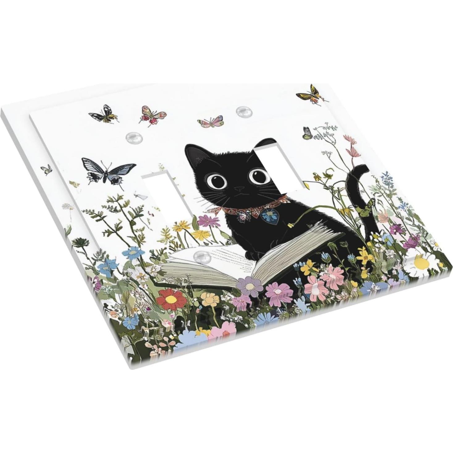 Decorative Switch Plates Cute Cat Wildflowers Boho Flowers Floral 2 Gang Double Toggle Outlet Light Switch Cover Wall Plate Electrical Faceplate For Nursery Kids Room Decor