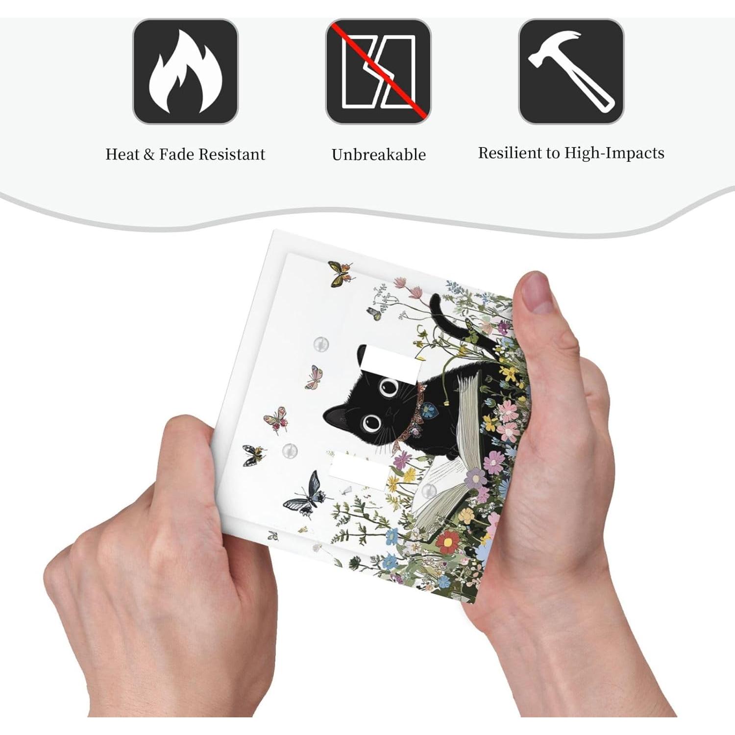 Decorative Switch Plates Cute Cat Wildflowers Boho Flowers Floral 2 Gang Double Toggle Outlet Light Switch Cover Wall Plate Electrical Faceplate For Nursery Kids Room Decor