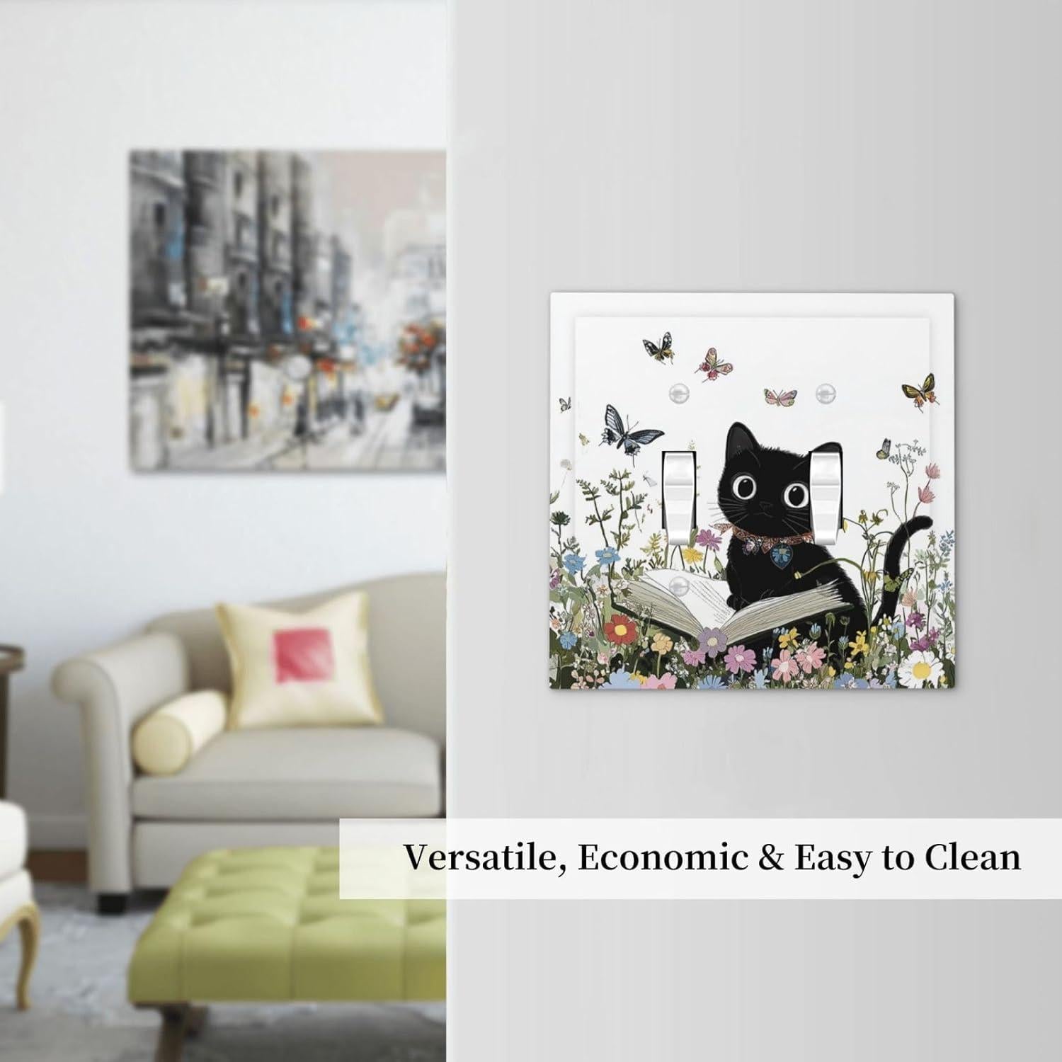 Decorative Switch Plates Cute Cat Wildflowers Boho Flowers Floral 2 Gang Double Toggle Outlet Light Switch Cover Wall Plate Electrical Faceplate For Nursery Kids Room Decor