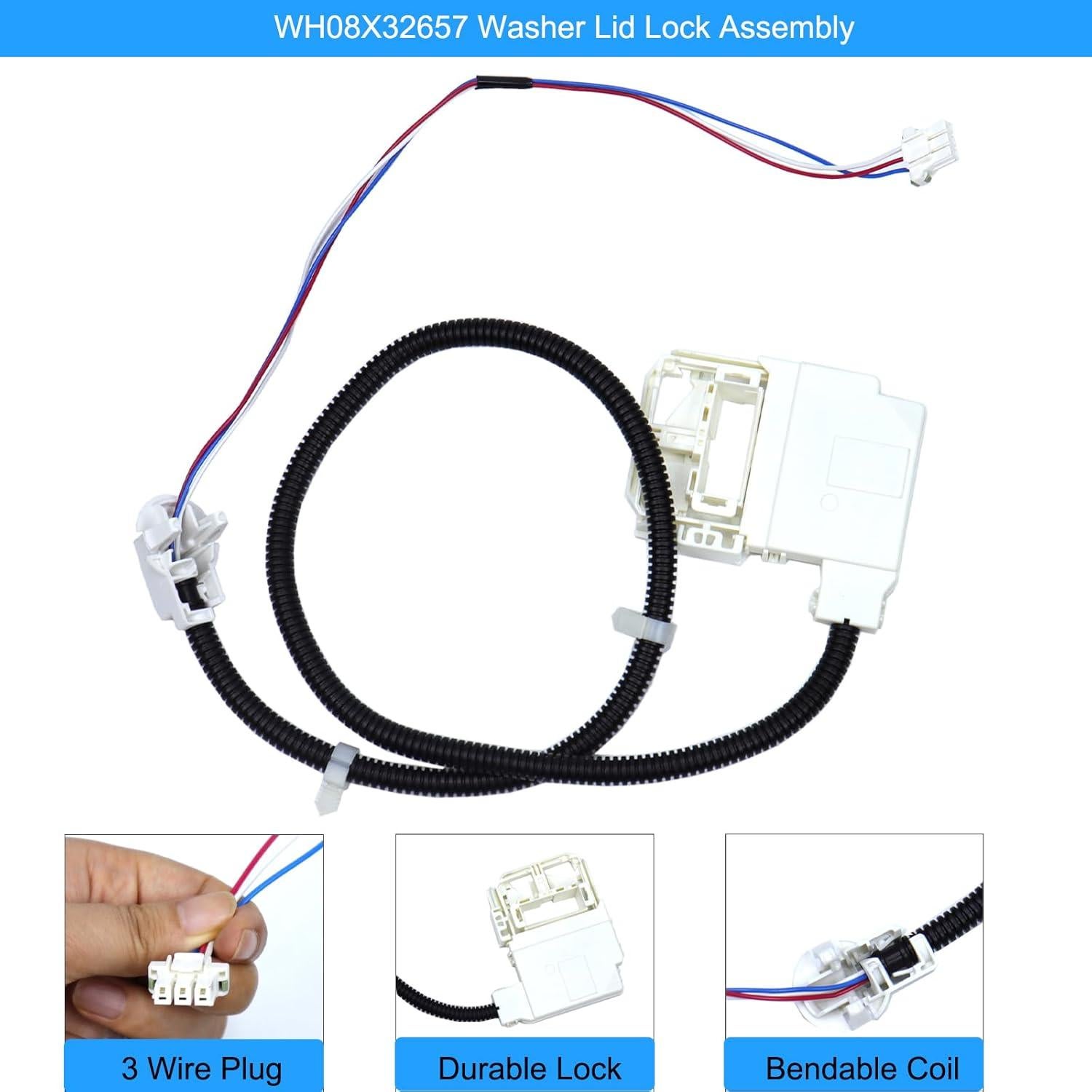 Interruptor de bloqueo de tapa GE WH08X32657 y arnés de repuesto