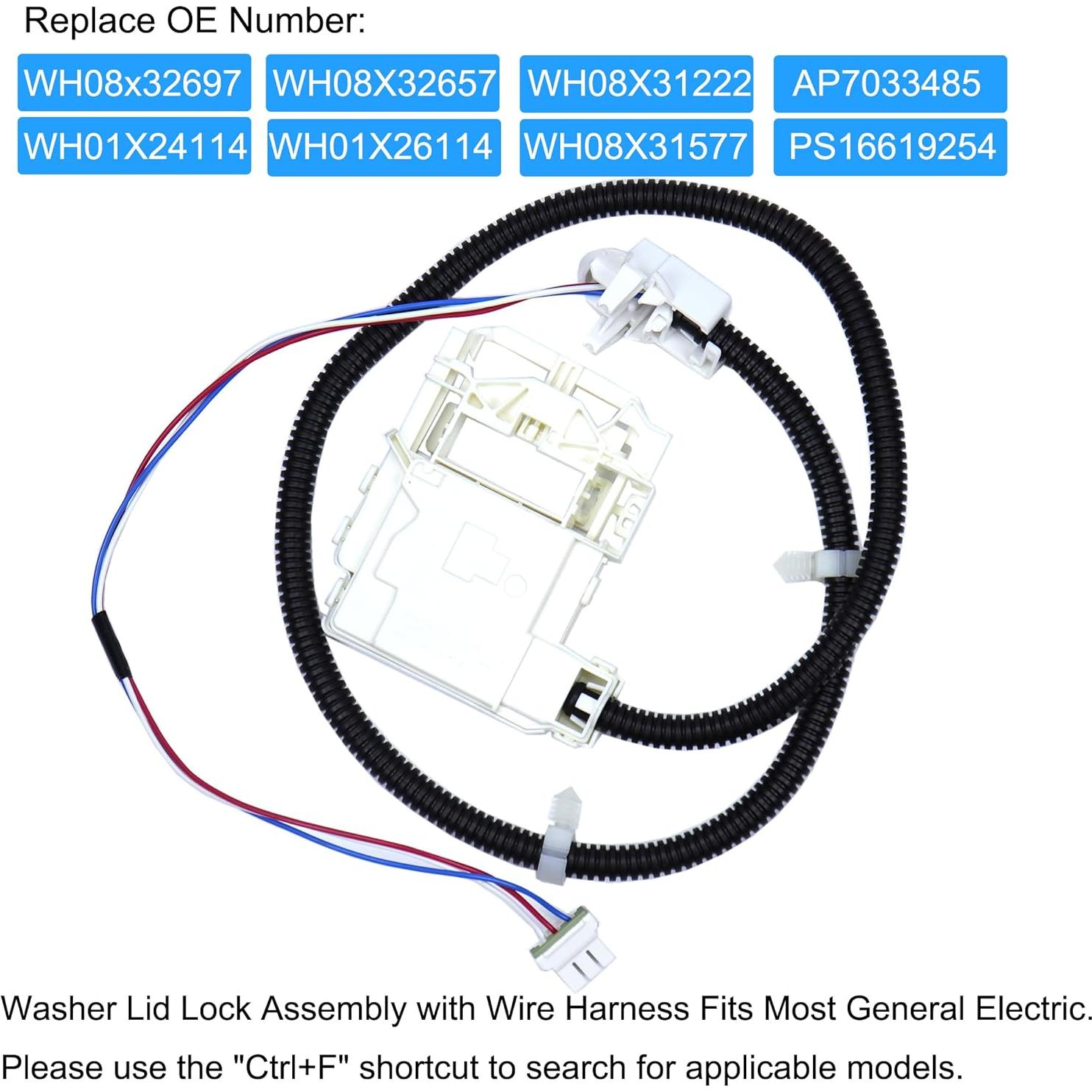 Interruptor de bloqueo de tapa GE WH08X32657 y arnés de repuesto