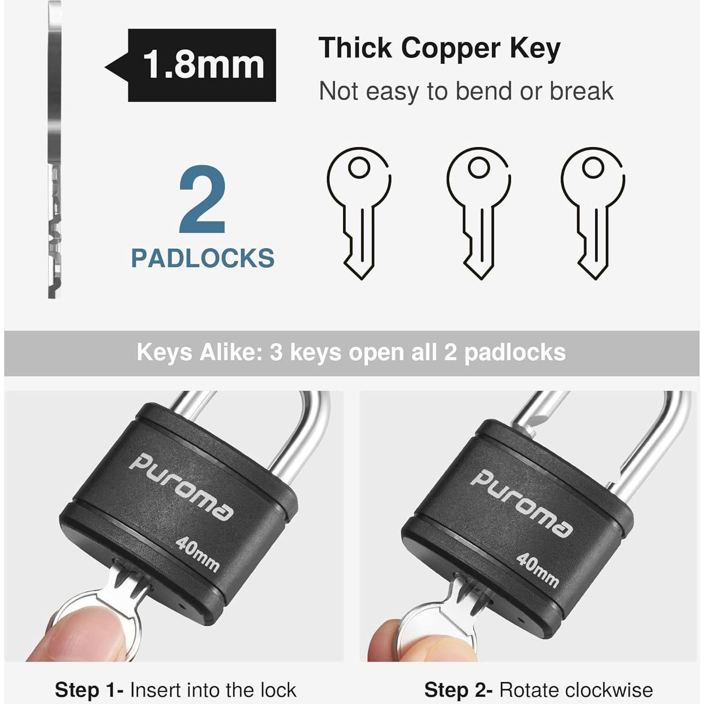 Candado con Llave Puroma 2 Paquete 40mm Alta Seguridad Negro