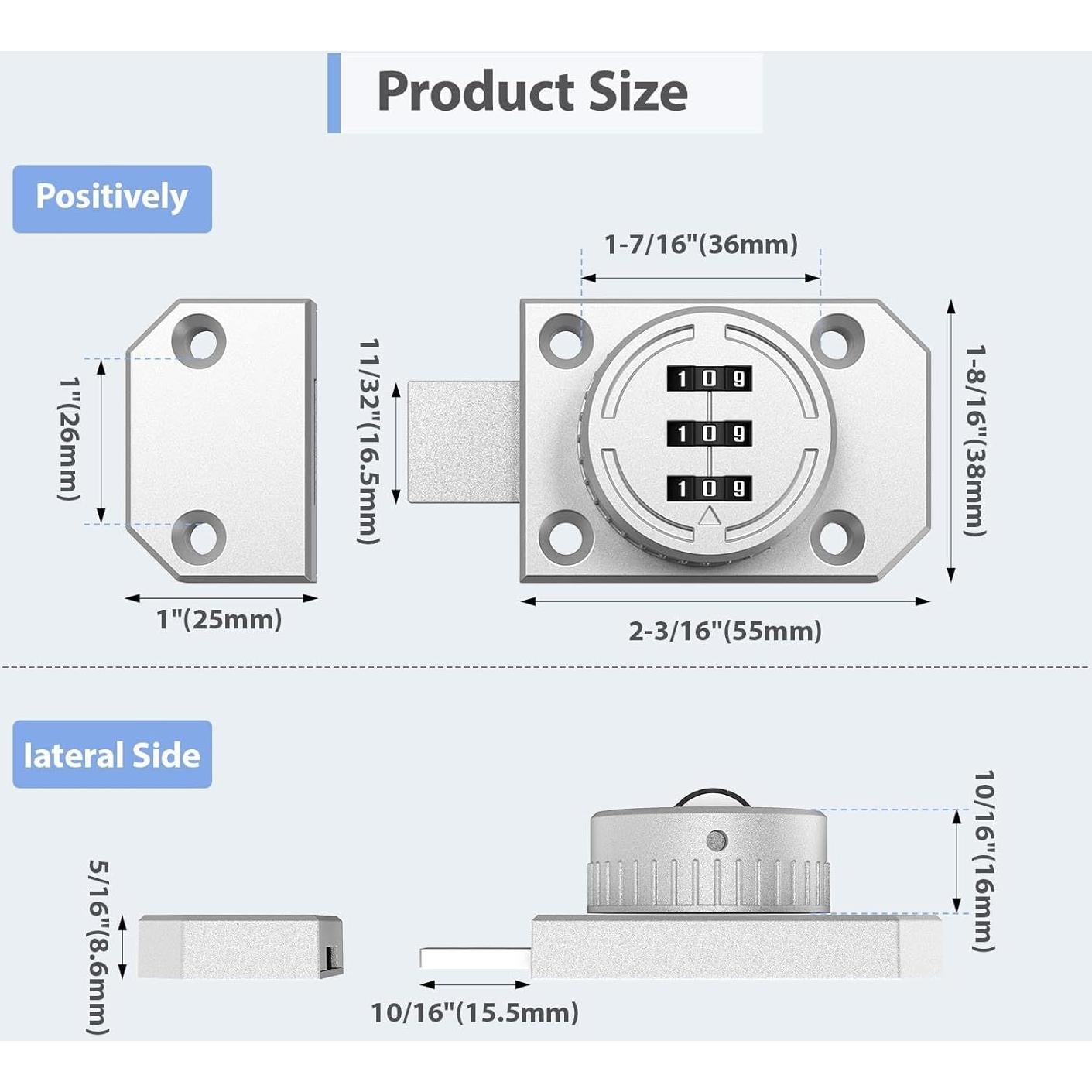 Cerradura de Gabinete YogePote 3 Dígitos Mecánica Plata