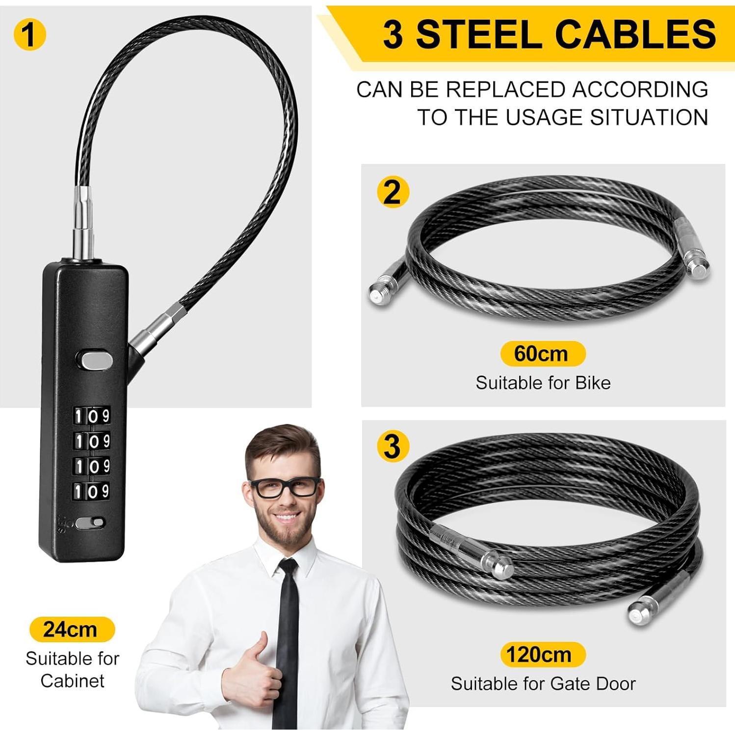 Candado de Cable de Combinación DELSWIN 4 Dígitos con 3 Cables