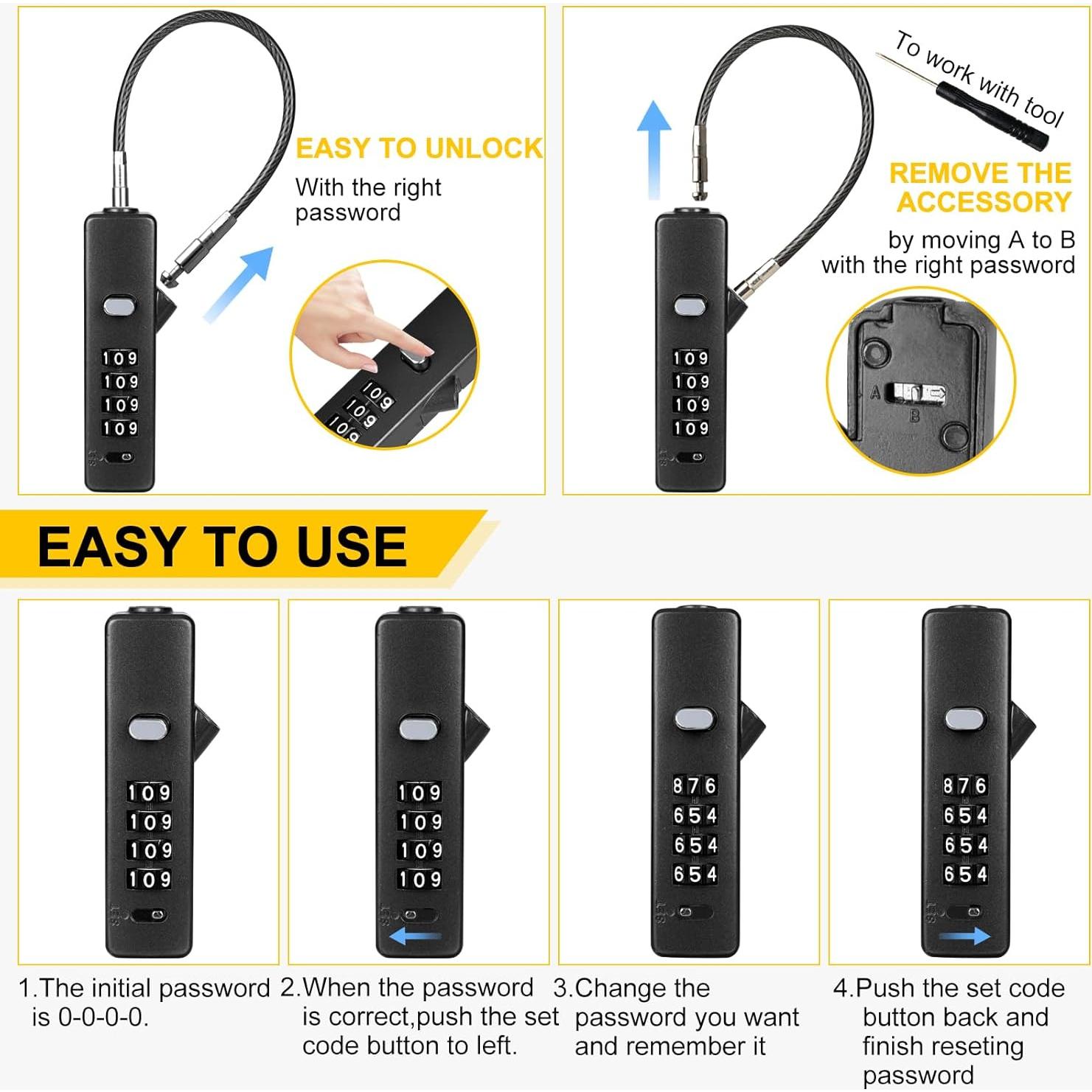 Candado de Cable de Combinación DELSWIN 4 Dígitos con 3 Cables