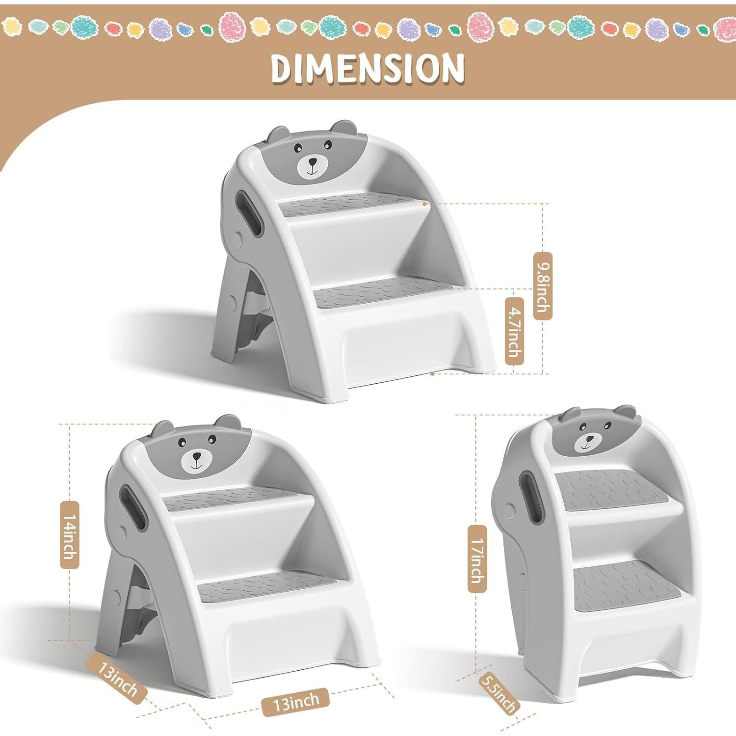 Taburete Plegable TPN para Niños 2 Escalones Antideslizante Gris