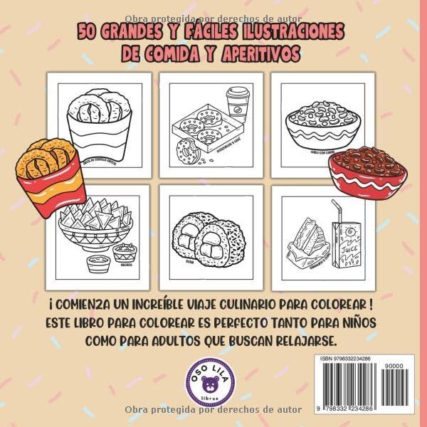 Comida y Aperitivos Libro de Colorear: 50 Imágenes Grandes y Sencillas de Platos Populares, Bocadillos, Golosinas y Postres para Adultos y Niños (Spanish Edition)
