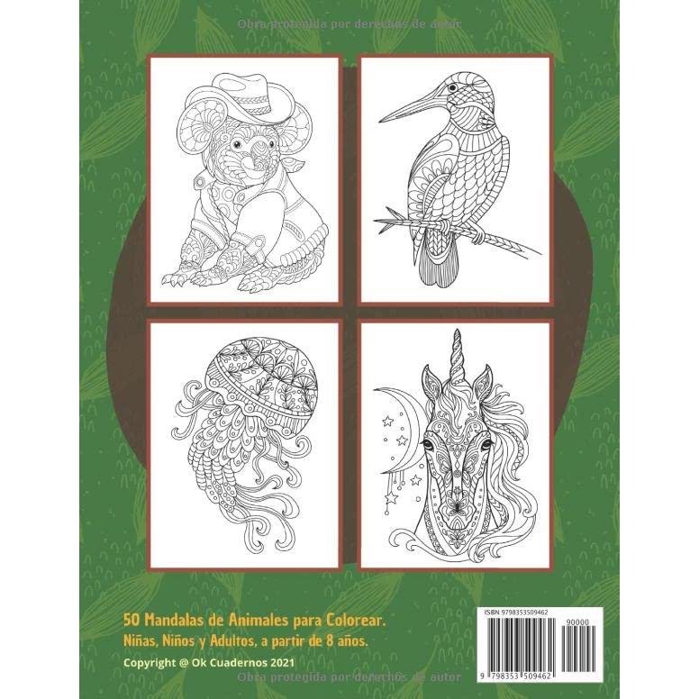 Animales - Cuaderno de mandalas para colorear: Libro de mandalas para colorear niños 8-10 años | 50 dibujos de mandalas grandes y fáciles para pintar ... de animales para niños (Spanish Edition)