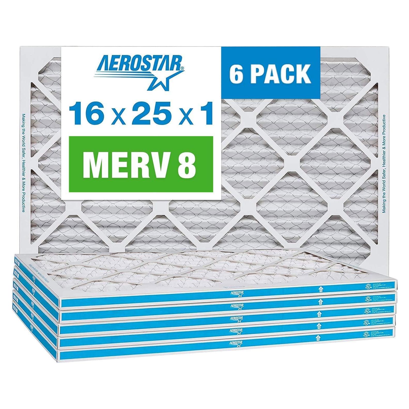 Filtros de Aire Plisados Aerostar 16x25x1 MERV 8 - Paquete de 6