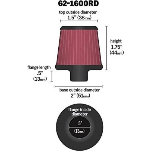 Filtro de aire K&N 62-1600RD Lavable 10-13 mm ID 44 mm Altura
