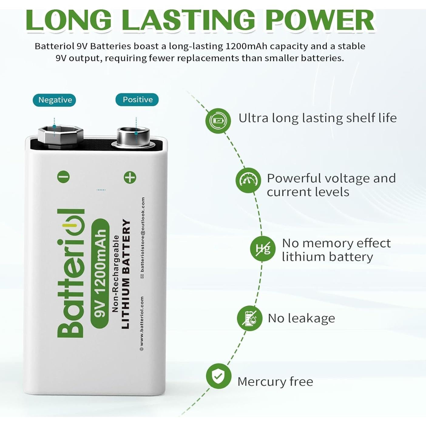 Baterías de Litio 9V Batteriol 1200mAh Paquete de 4