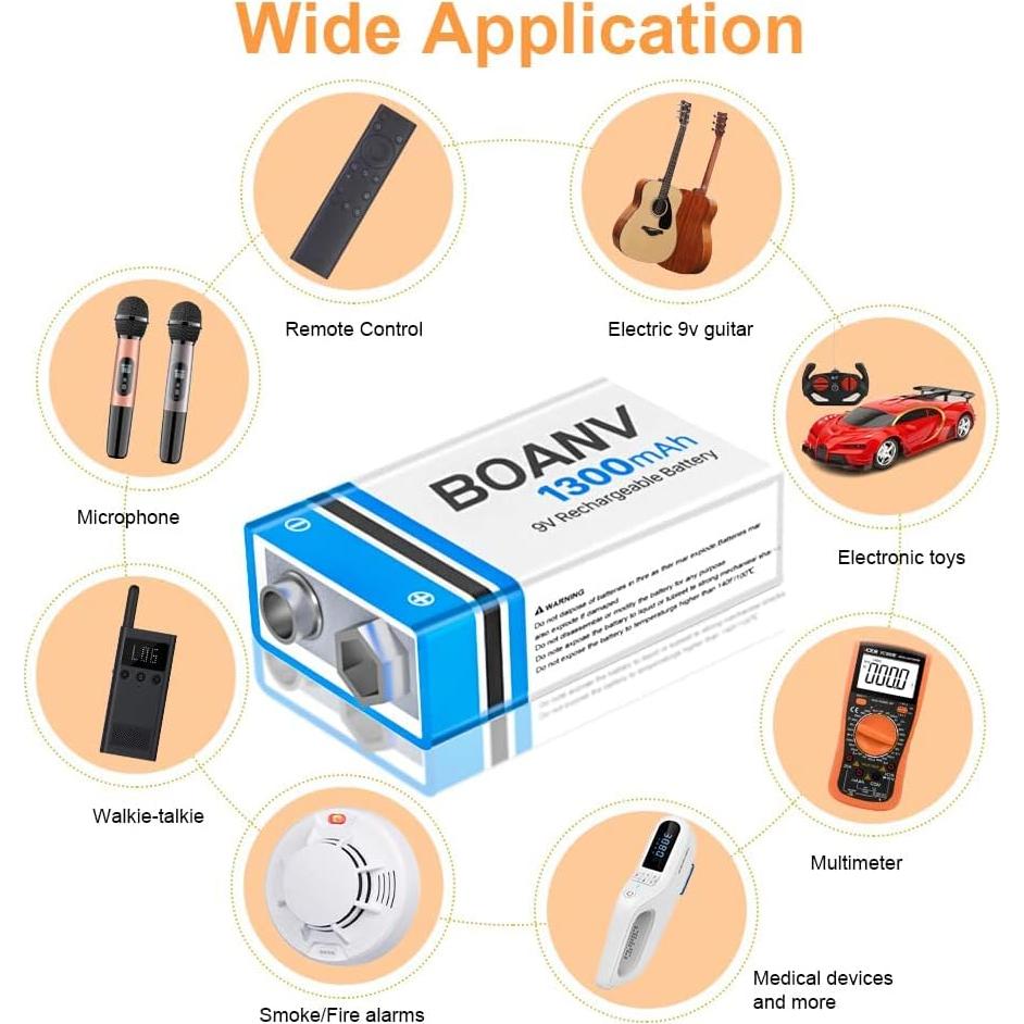 Baterías Recargables 9V BOANV 1300mAh 4PCS USB-C