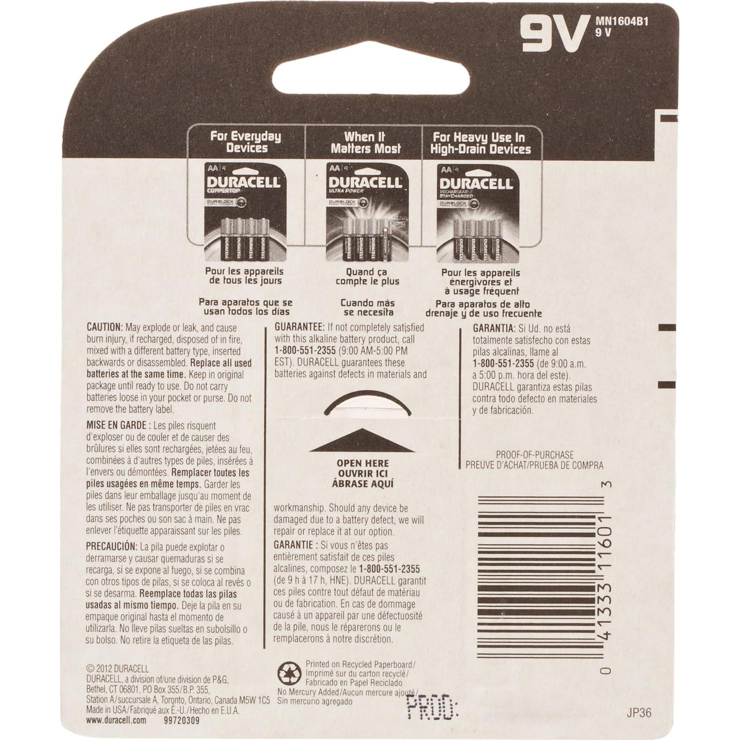 Batería Alcalina Duracell 9V CopperTop - 1 Unidad