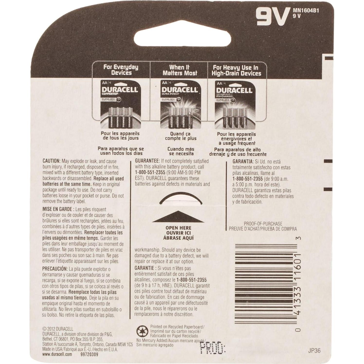 Batería Alcalina Duracell 9V CopperTop - 1 Unidad