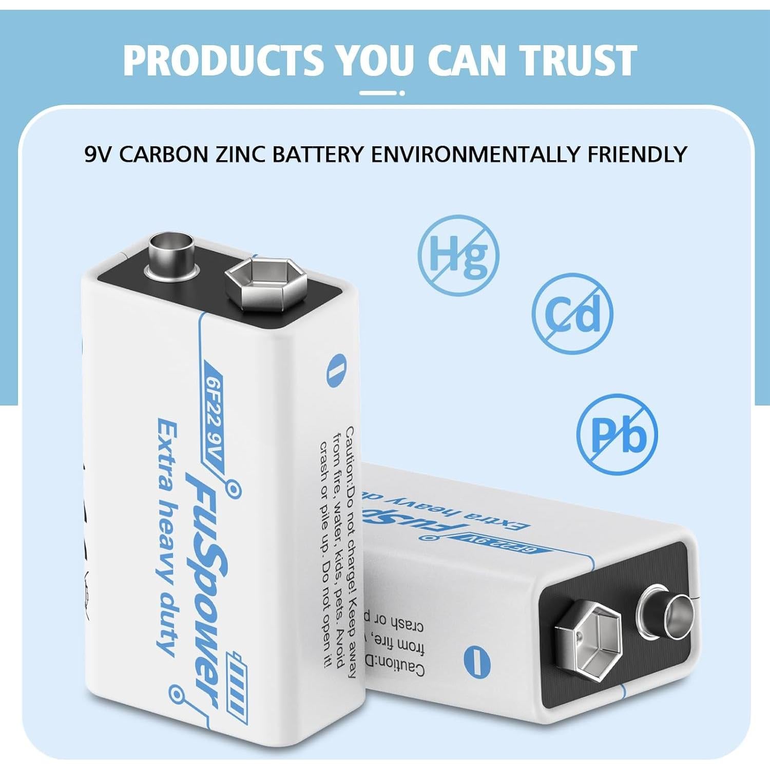 Baterías 9V Carbono Zinc Fuspower 100 Pcs para Alarmas