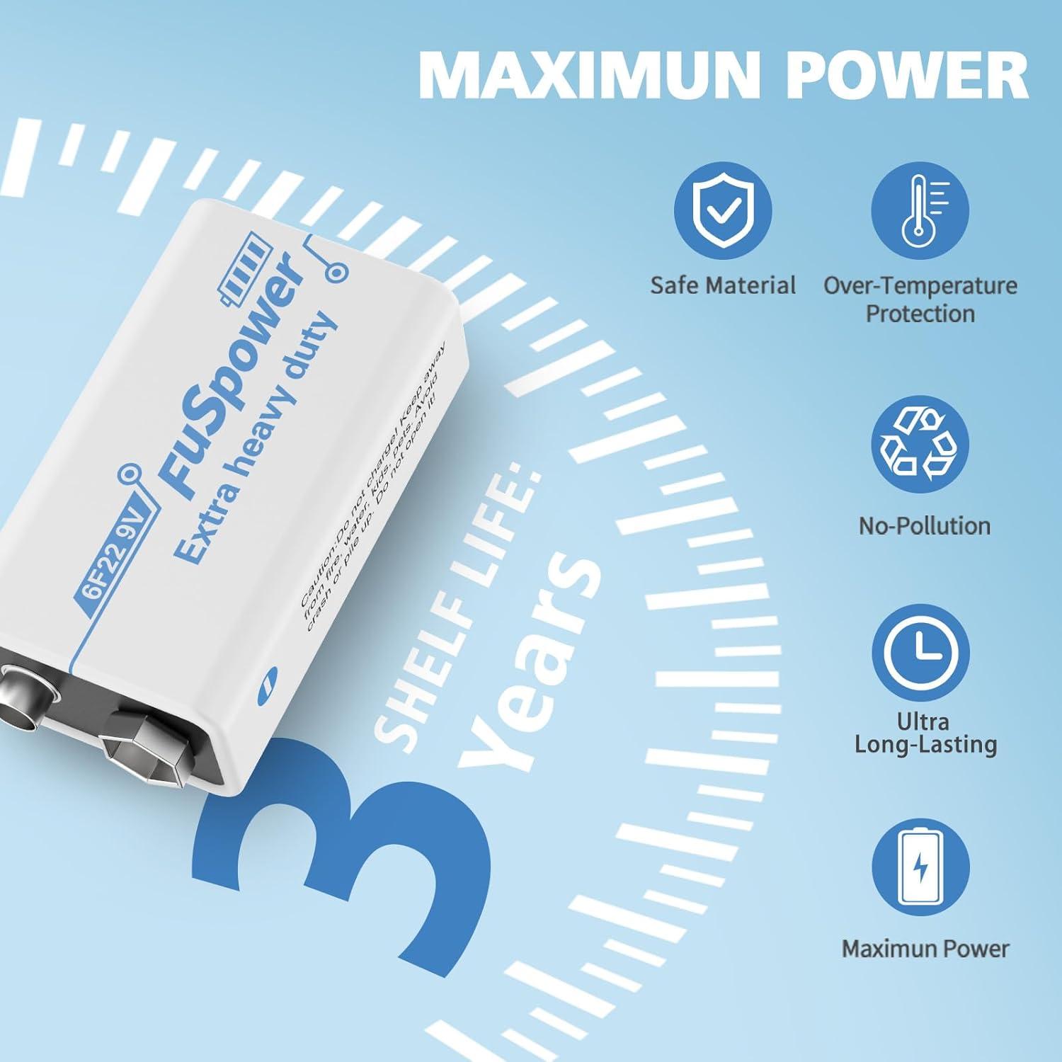 Baterías 9V Carbono Zinc Fuspower 100 Pcs para Alarmas