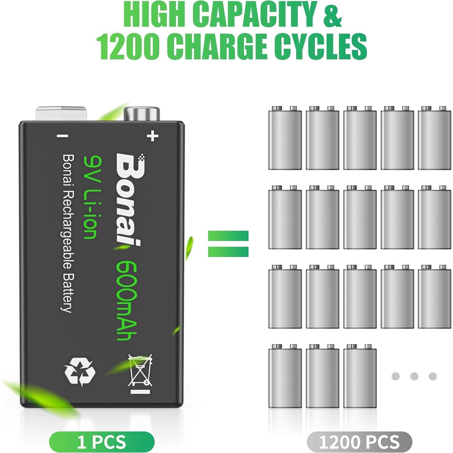 Baterías recargables BONAI 9V 600mAh - Paquete de 4