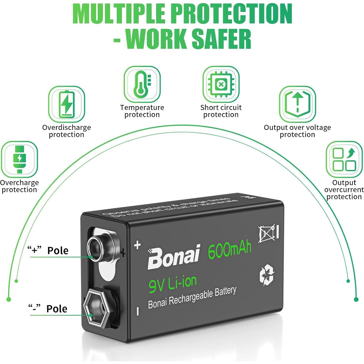 Baterías recargables BONAI 9V 600mAh - Paquete de 4