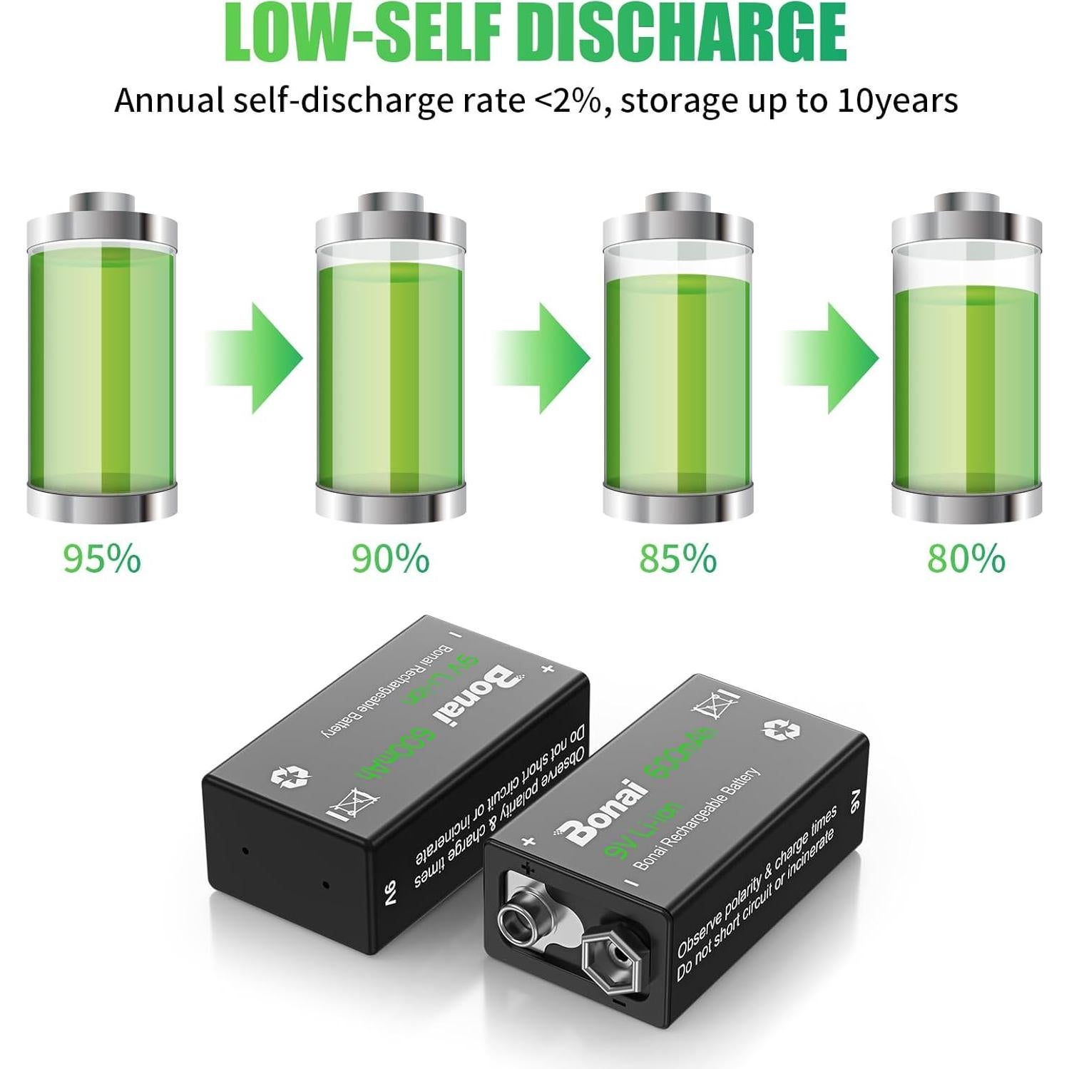 Baterías recargables BONAI 9V 600mAh - Paquete de 4