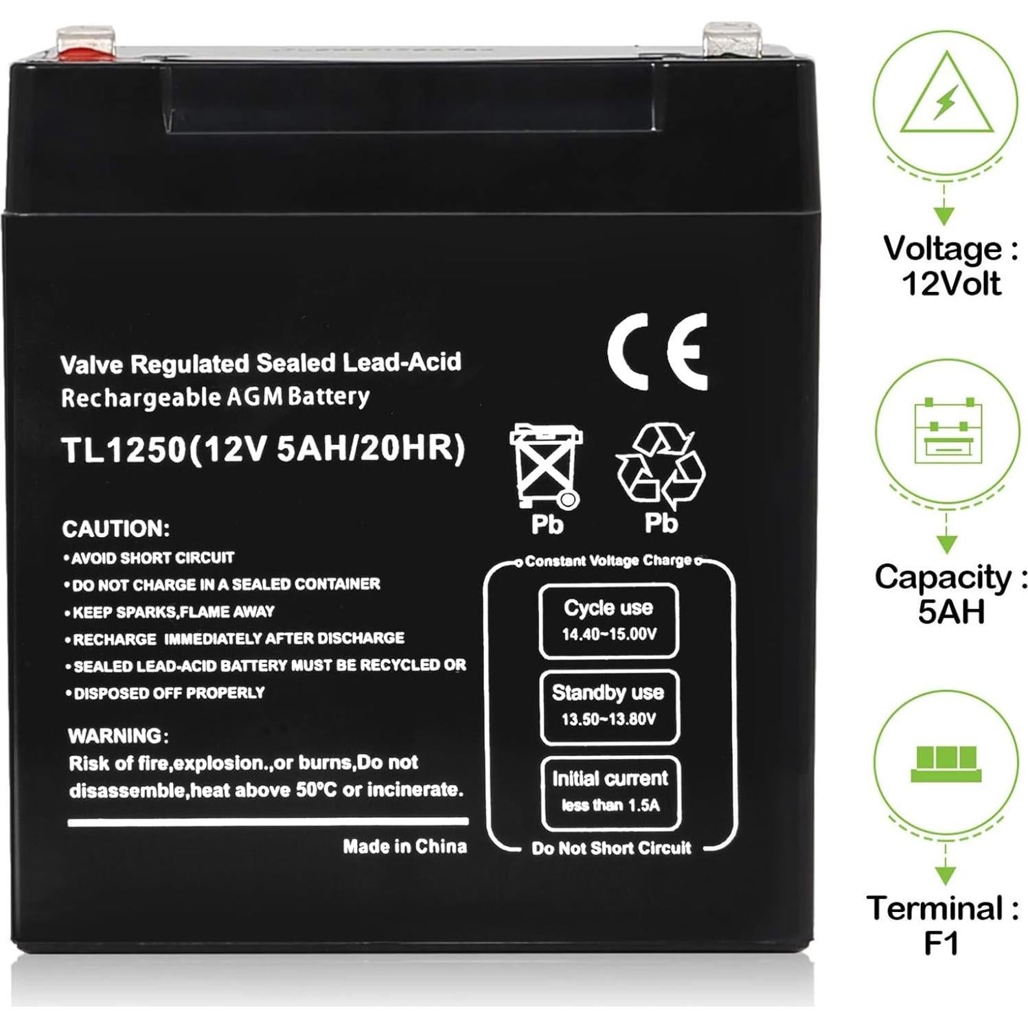 Batería de Alarma WEIZE 12V 5AH SLA Reemplazo para Scooters