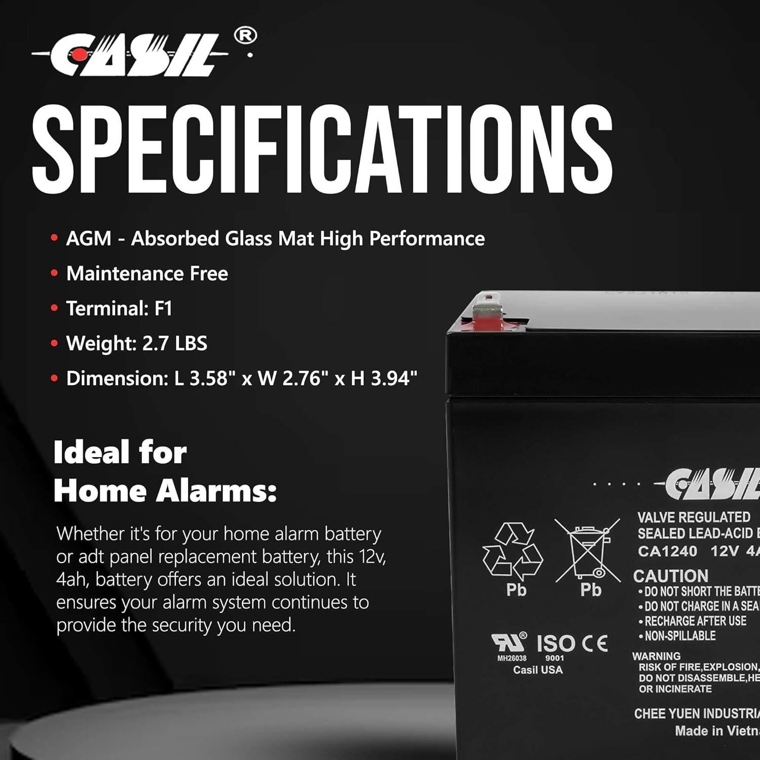 Batería Recargable Casil CA-1240 12V 4.5Ah para Alarmas