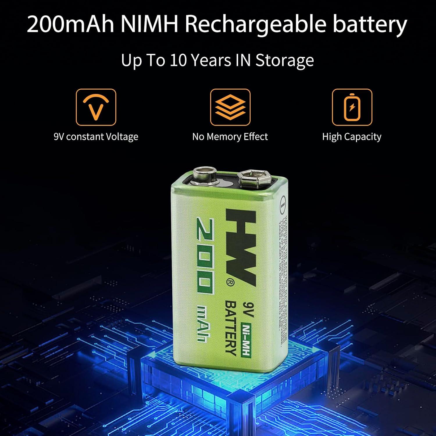 Baterías recargables de 9V HW - Paquete de 2 NIMH 1800mWh