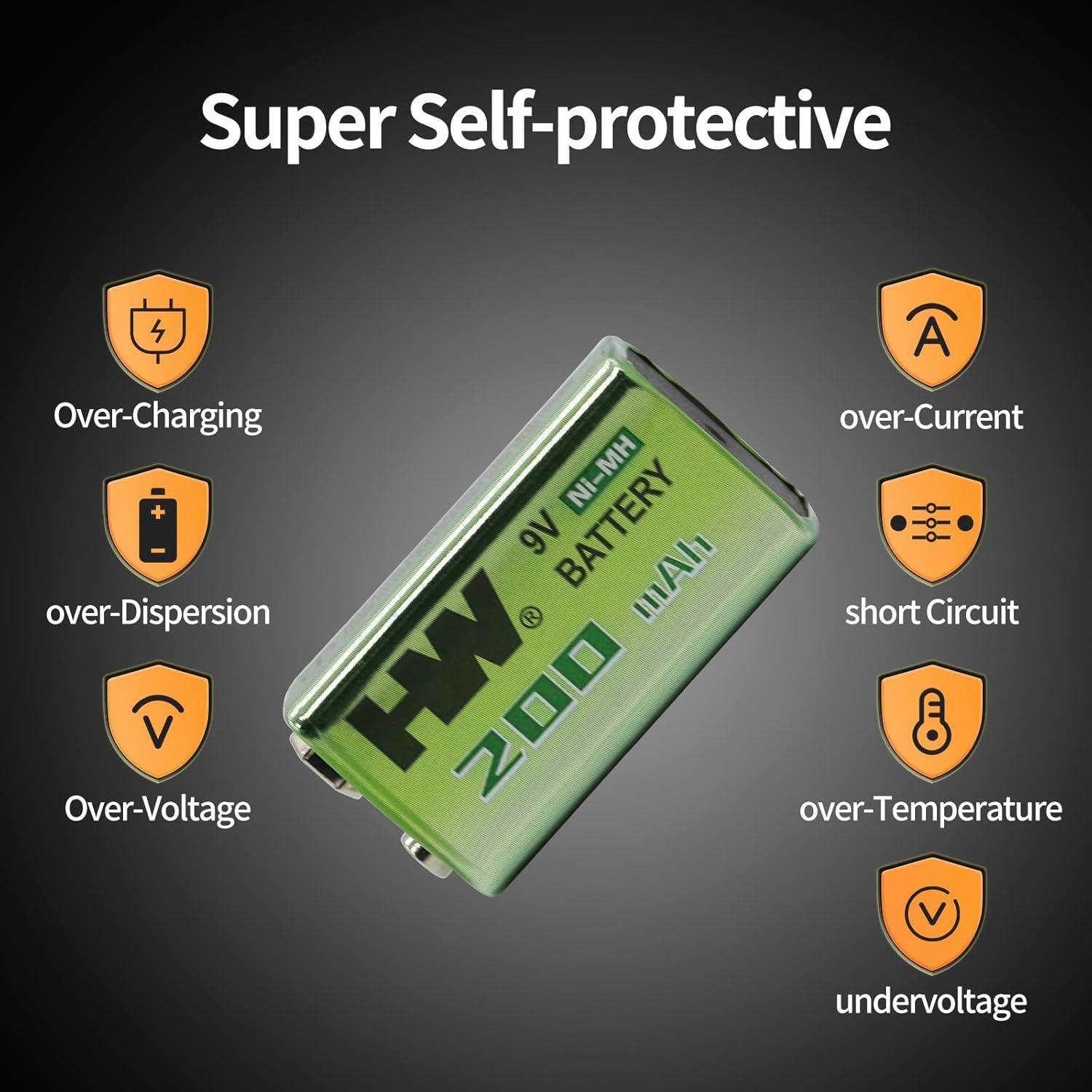 Baterías recargables de 9V HW - Paquete de 2 NIMH 1800mWh