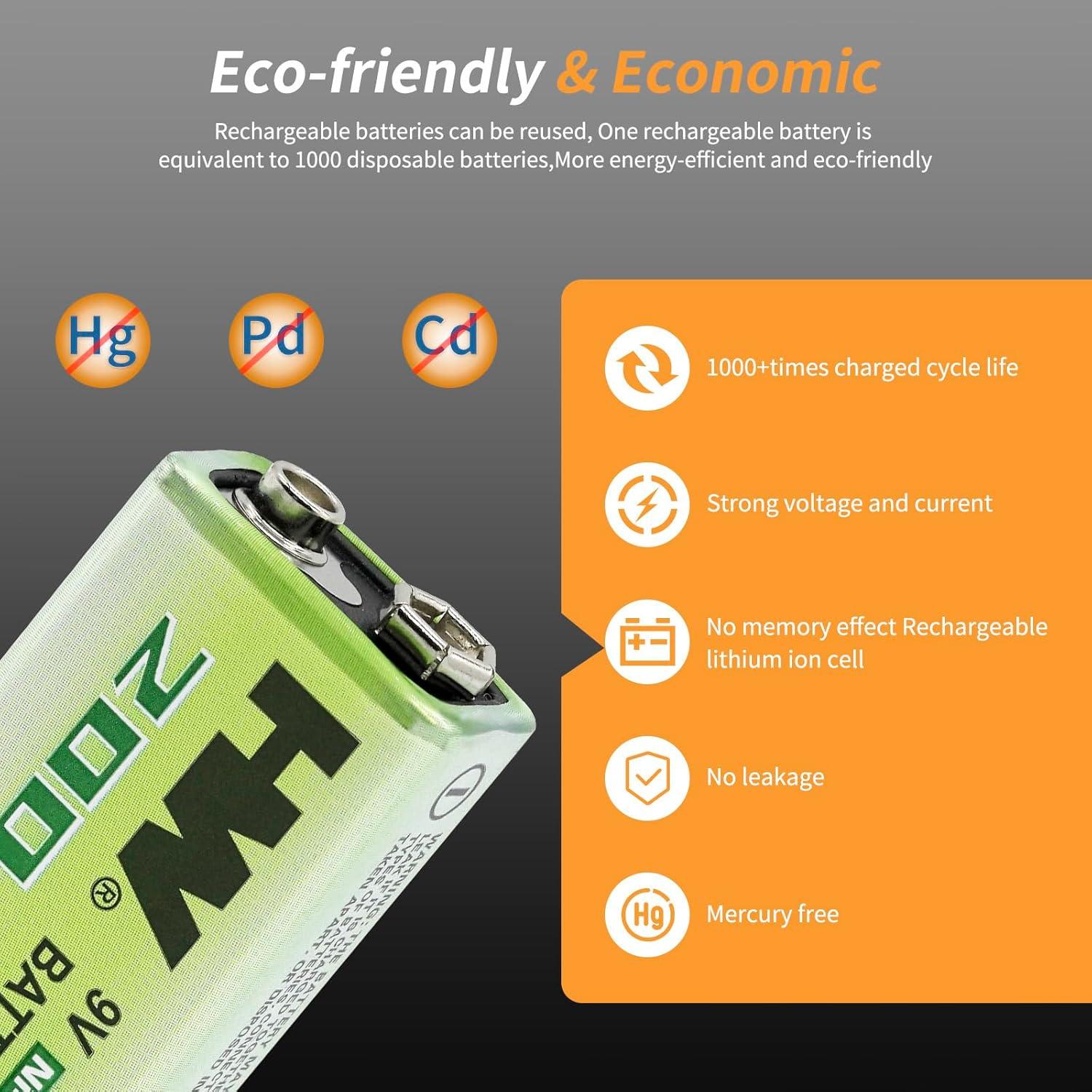 Baterías recargables de 9V HW - Paquete de 2 NIMH 1800mWh