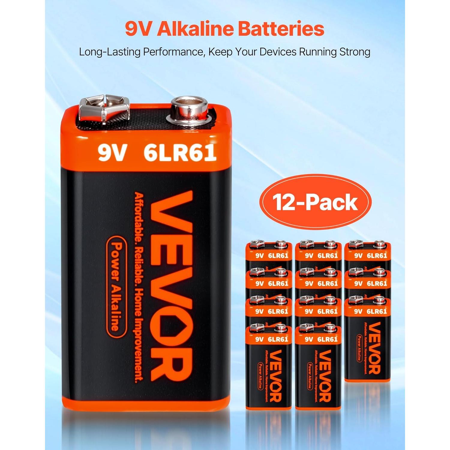 Baterías Alcalinas 9V VEVOR - Paquete de 12, Duraderas