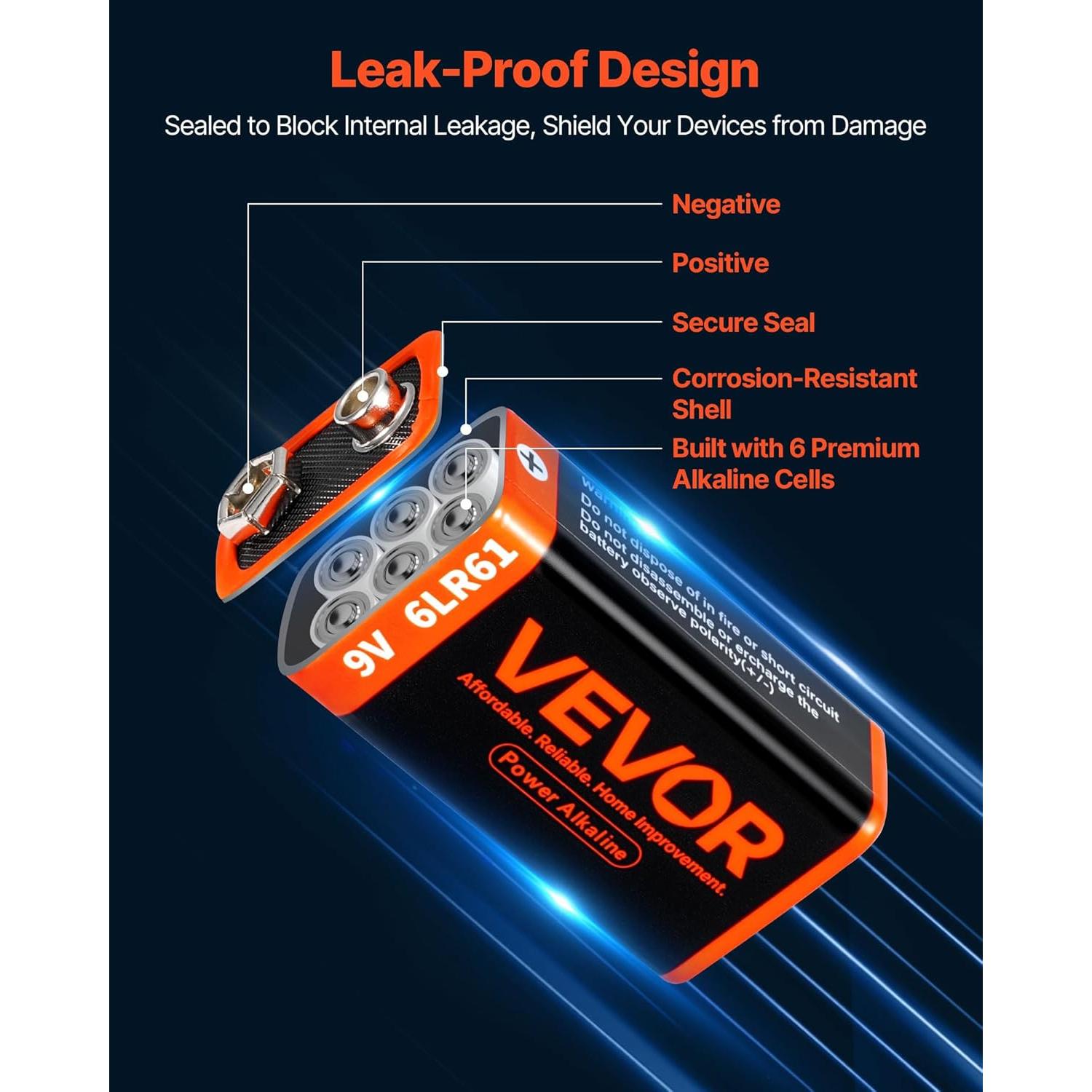 Baterías Alcalinas 9V VEVOR - Paquete de 12, Duraderas