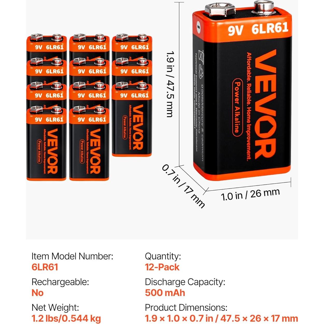 Baterías Alcalinas 9V VEVOR - Paquete de 12, Duraderas
