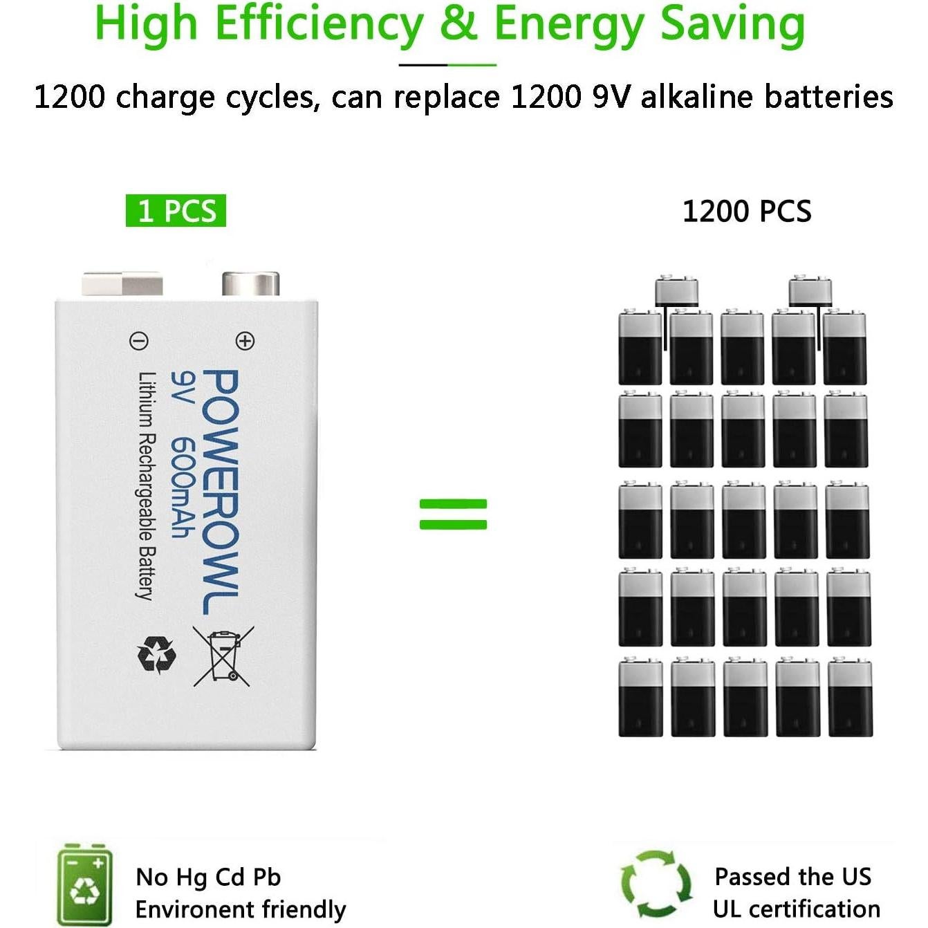 Baterías Recargables POWEROWL 9V 600mAh Litio Paquete 4